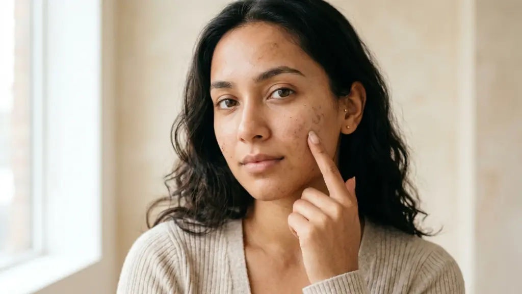 Woman examining fading acne marks on cheek to remove acne scars naturally in a week