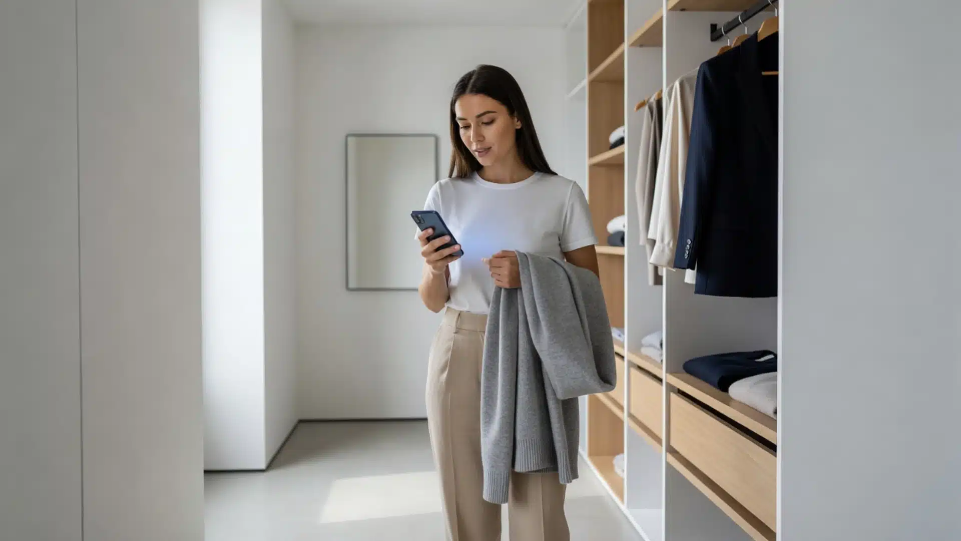 Woman holding a gray cardigan while checking her phone beside a neat minimalist wardrobe with neutral basics
