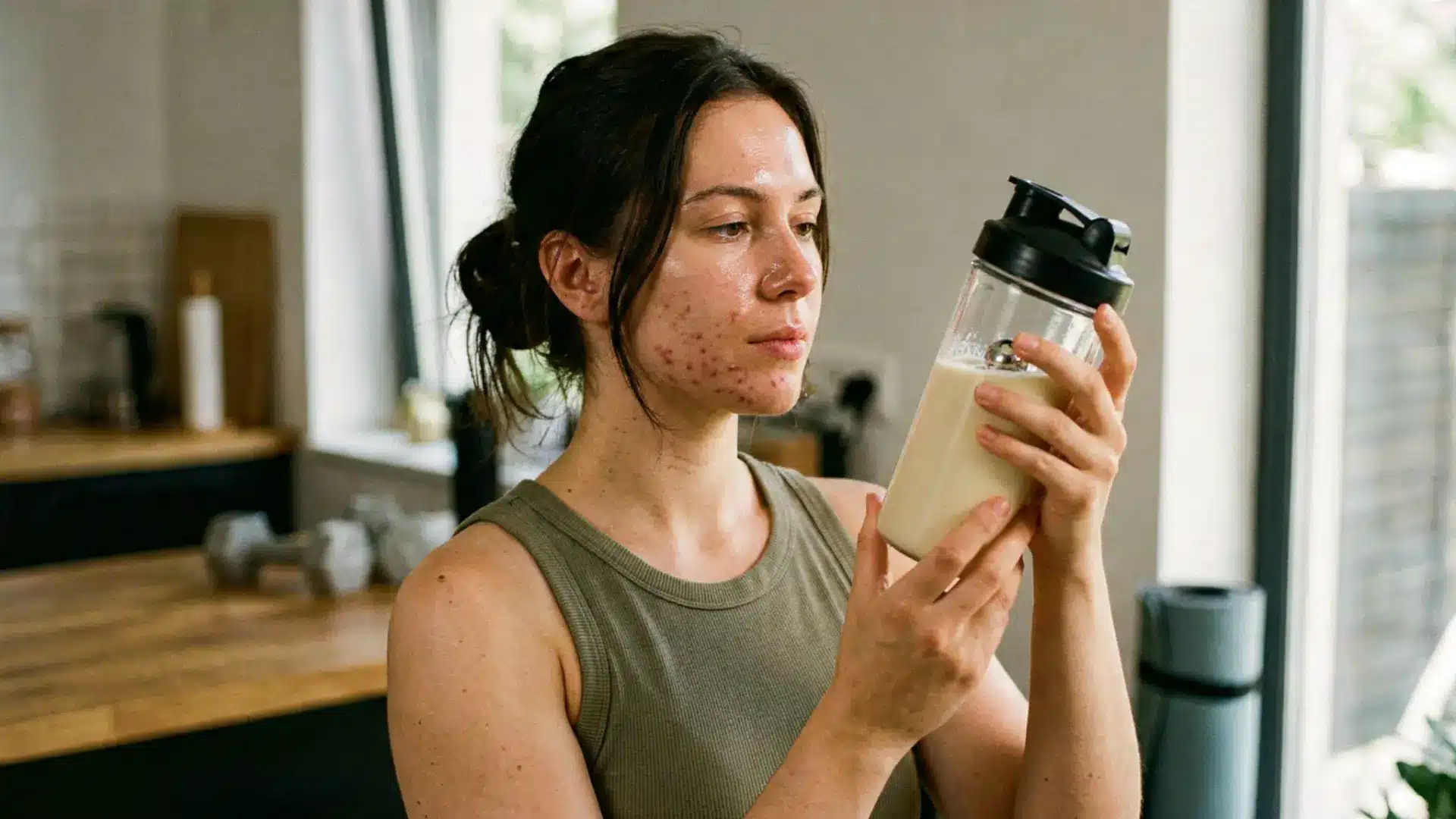 Woman holding a protein shaker with visible jawline breakouts in natural light (1)