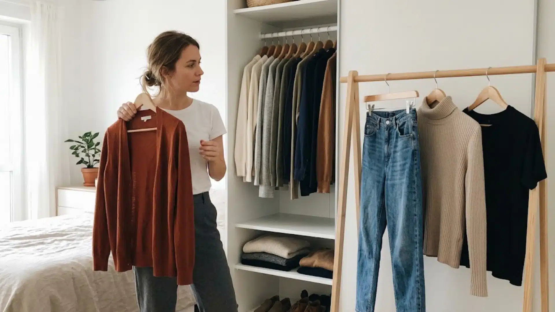 Woman holding a rust cardigan beside a minimalist wardrobe with jeans, neutral tops, and simple basics