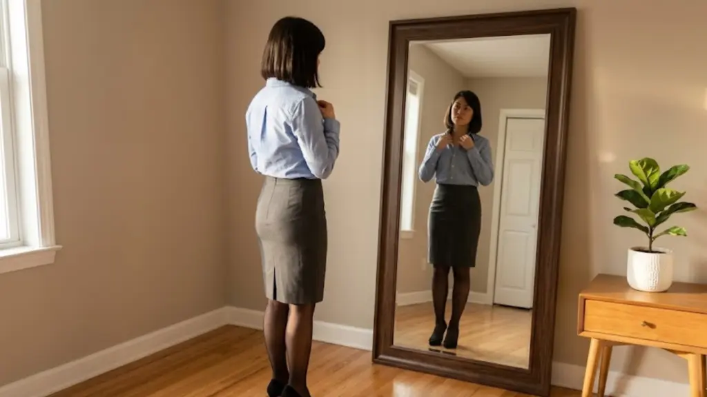 Woman in a blouse and pencil skirt checking her outfit in a full-length mirror in a bright room