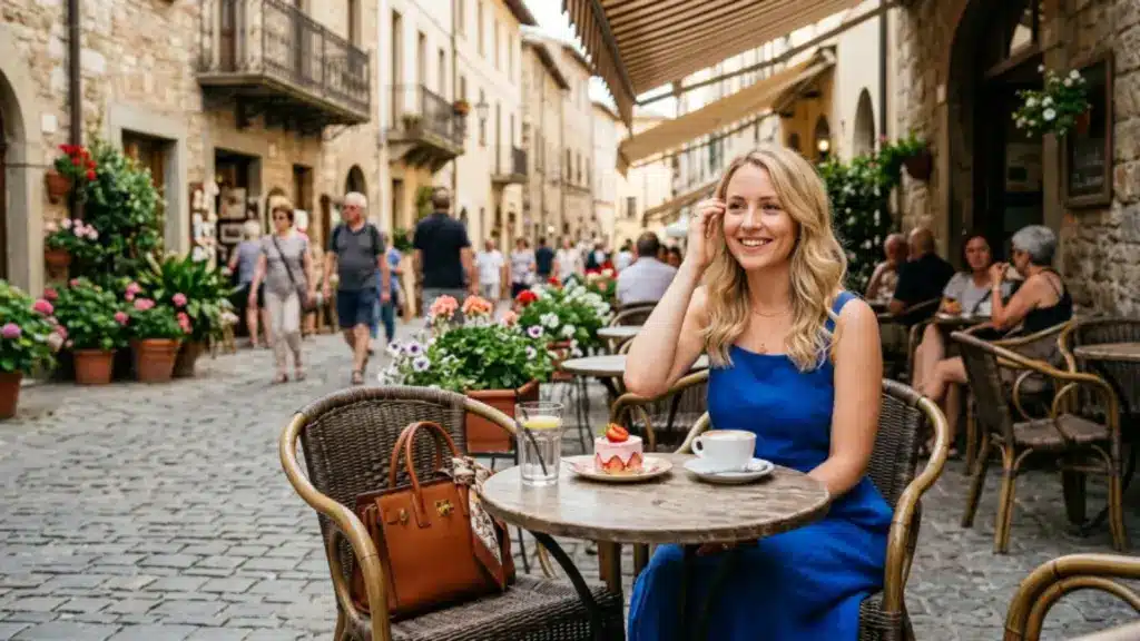 Woman in a blue dress having coffee and cake at a outdoor restaurant
