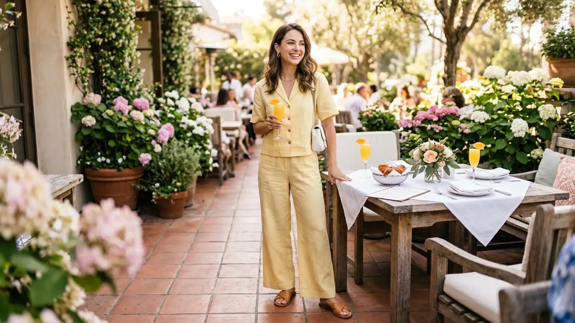 Woman in a butter yellow linen co-ord set holding a mimosa at a bright outdoor Sunday brunch