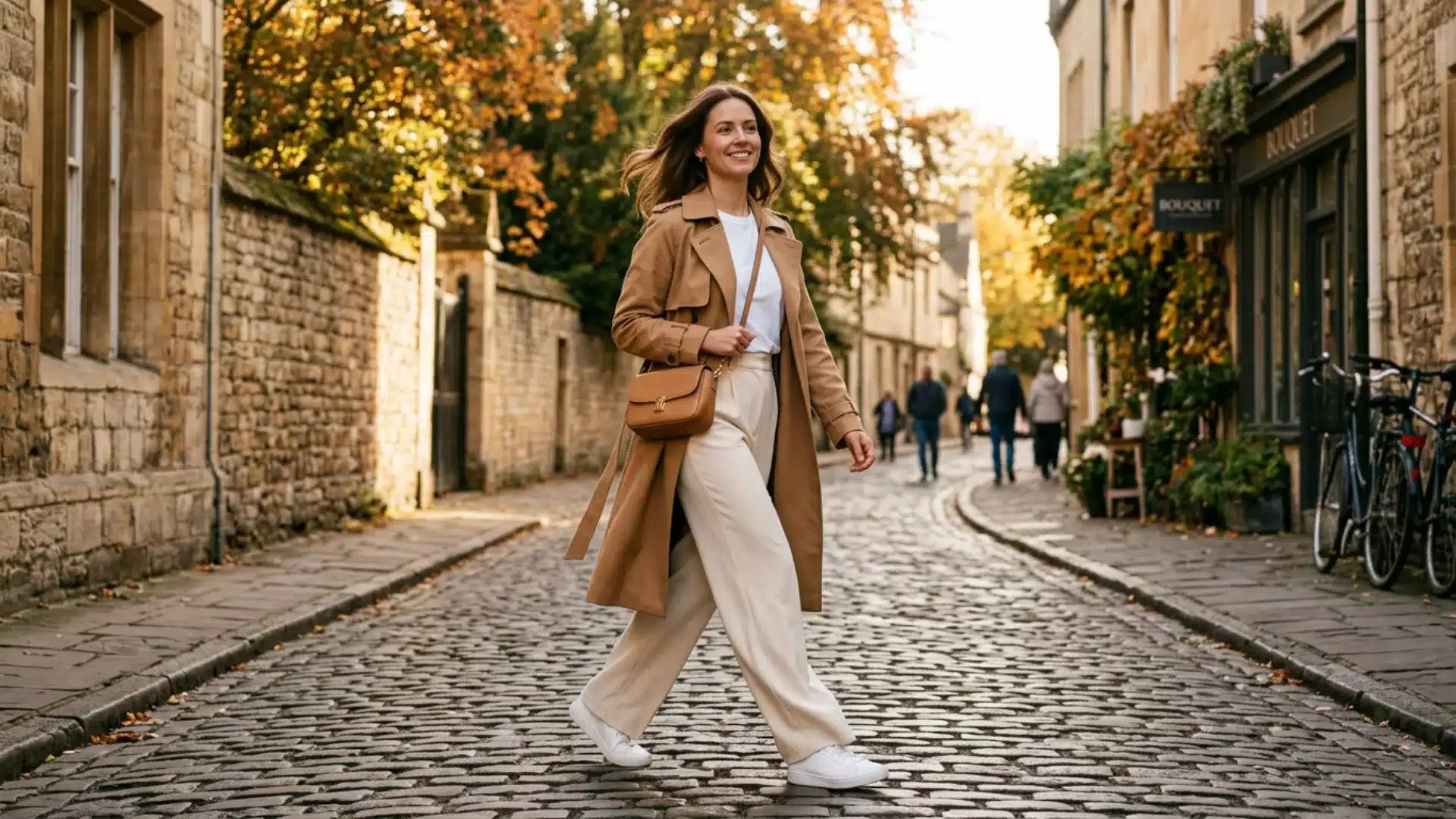 Woman in a camel trench coat, wide-leg cream trousers, and white sneakers walking on a cobblestone street