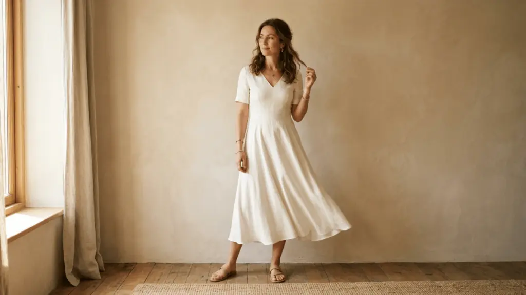 Woman in a flowing ivory midi A-line dress against a neutral wall in natural light