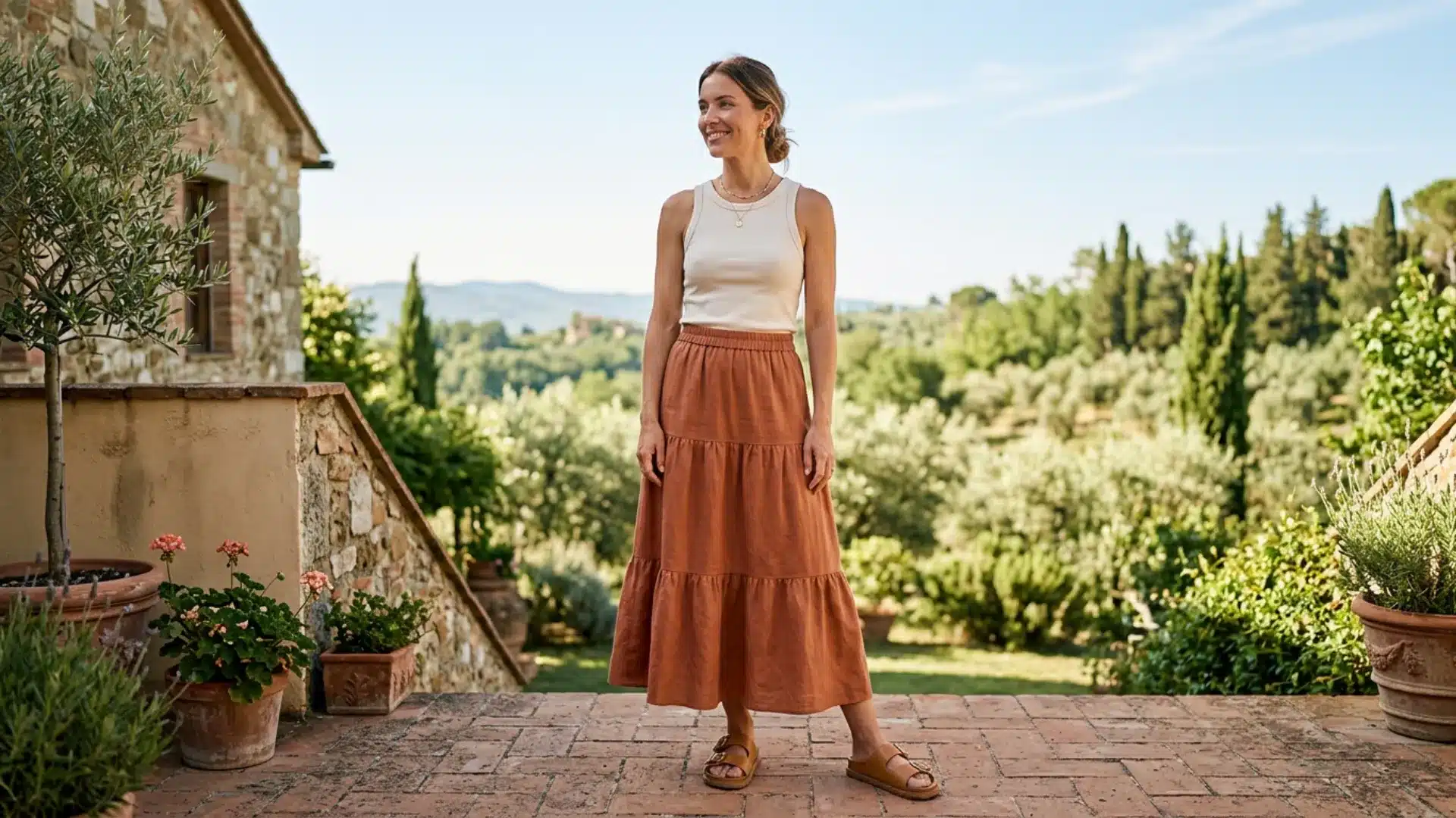 Woman in a flowy terracotta maxi skirt and cream ribbed tank with chunky sandals on a sunny terrace