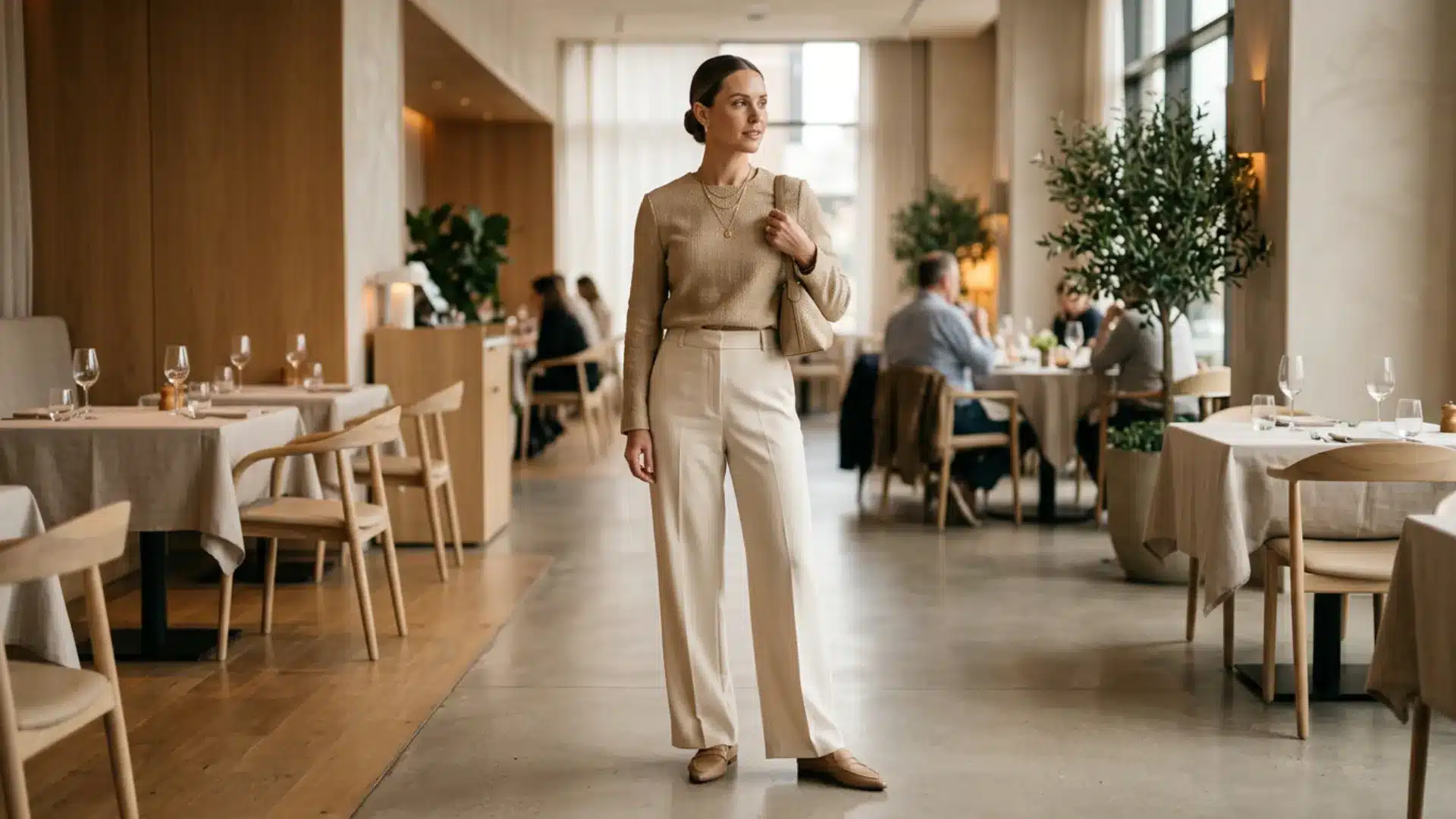 Woman in a monochrome all-neutral stone outfit with loafers and gold necklace at a modern brunch restaurant