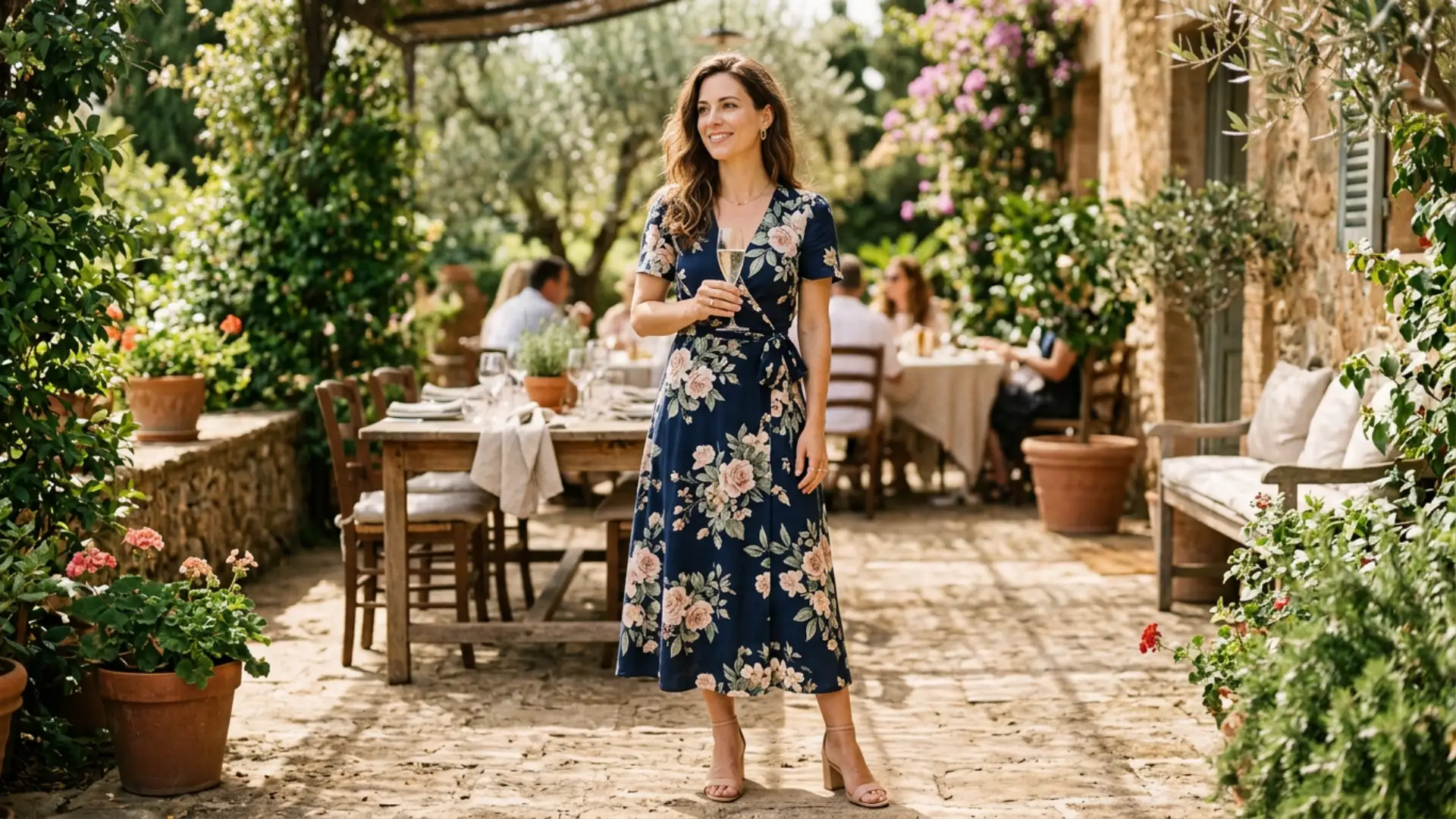Woman in a navy floral wrap midi dress with block heels at an outdoor garden brunch setting
