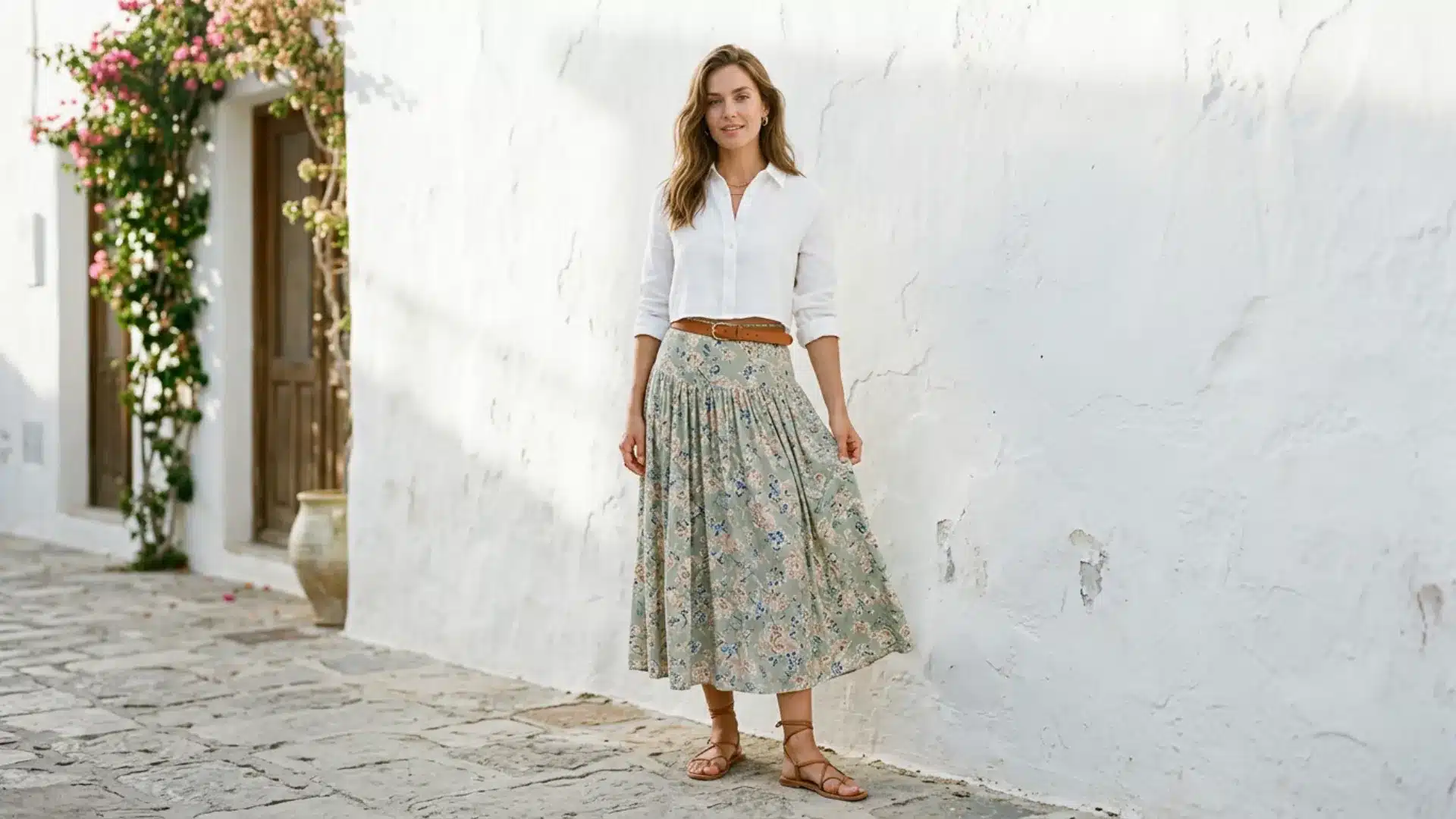 Woman in a pastel floral midi skirt and white fitted top with tan sandals against a white wall outdoors