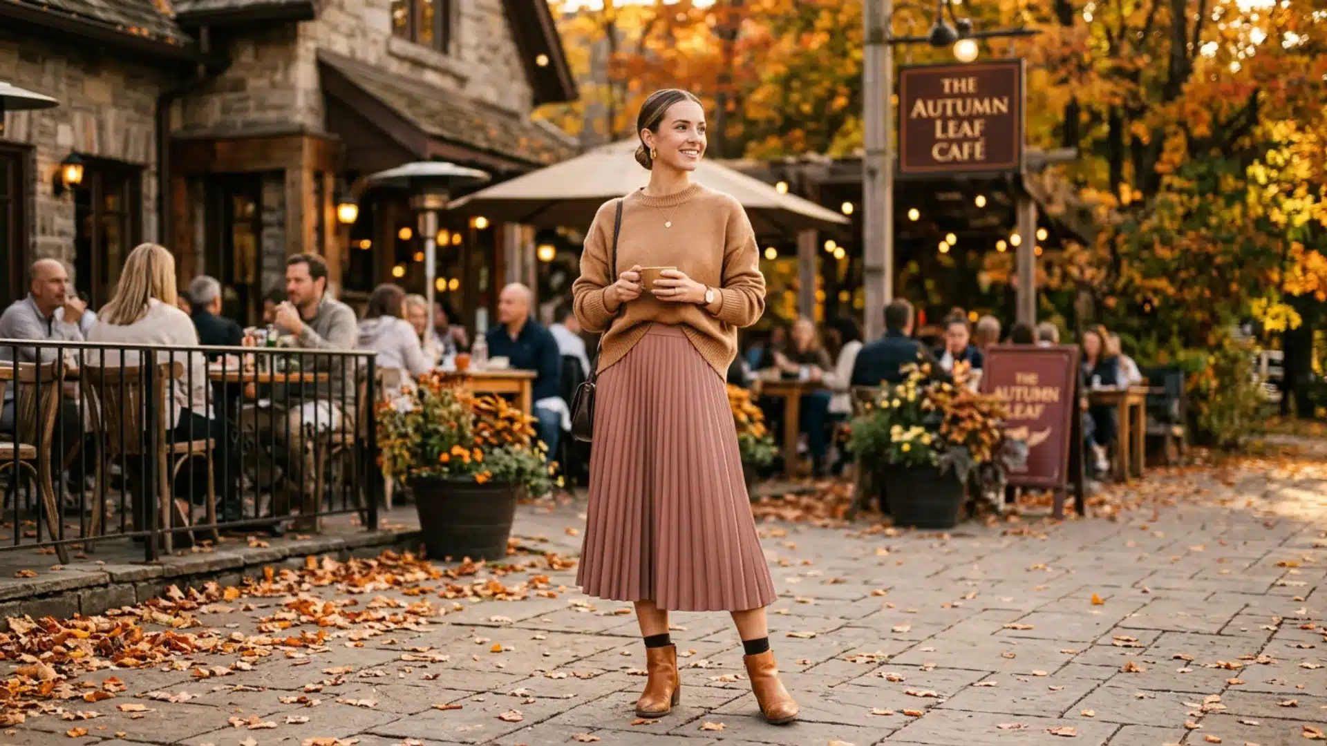 Woman in a pleated rust midi skirt and oversized camel sweater with ankle boots at an autumn brunch