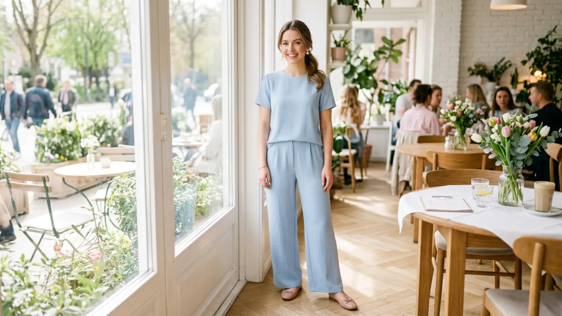 Woman in a powder blue pastel two-piece set with ballet flats at a bright spring brunch cafe
