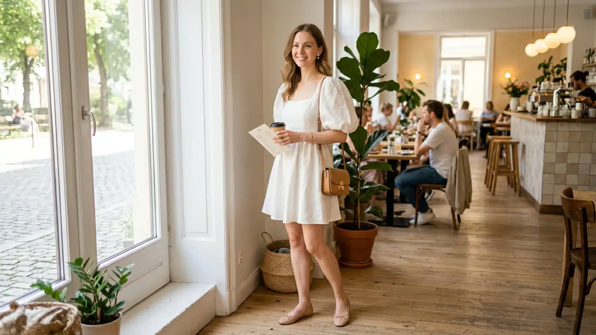 Woman in a puff-sleeve blush mini dress with pearl earrings and ballet flats at a bright cafe brunch