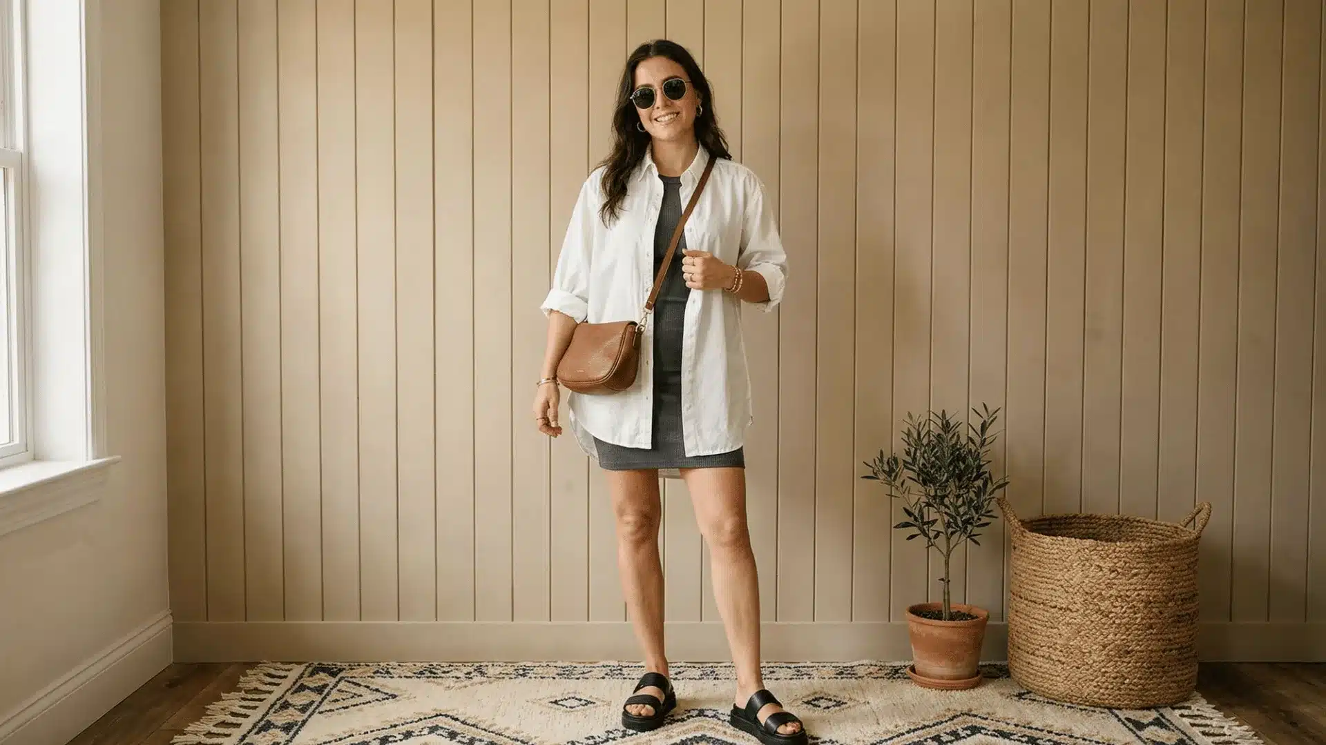 Woman in a ribbed mini dress layered with an oversized white shirt and sandals for a casual summer look