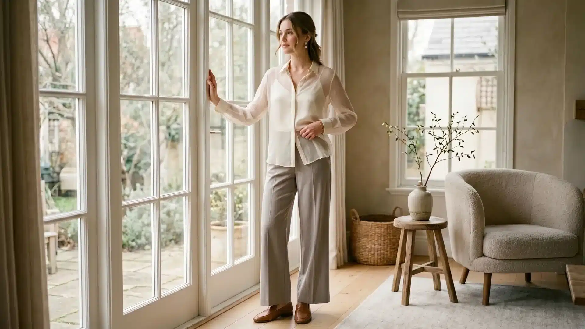 Woman in a sheer blouse standing by French doors in a softly lit room
