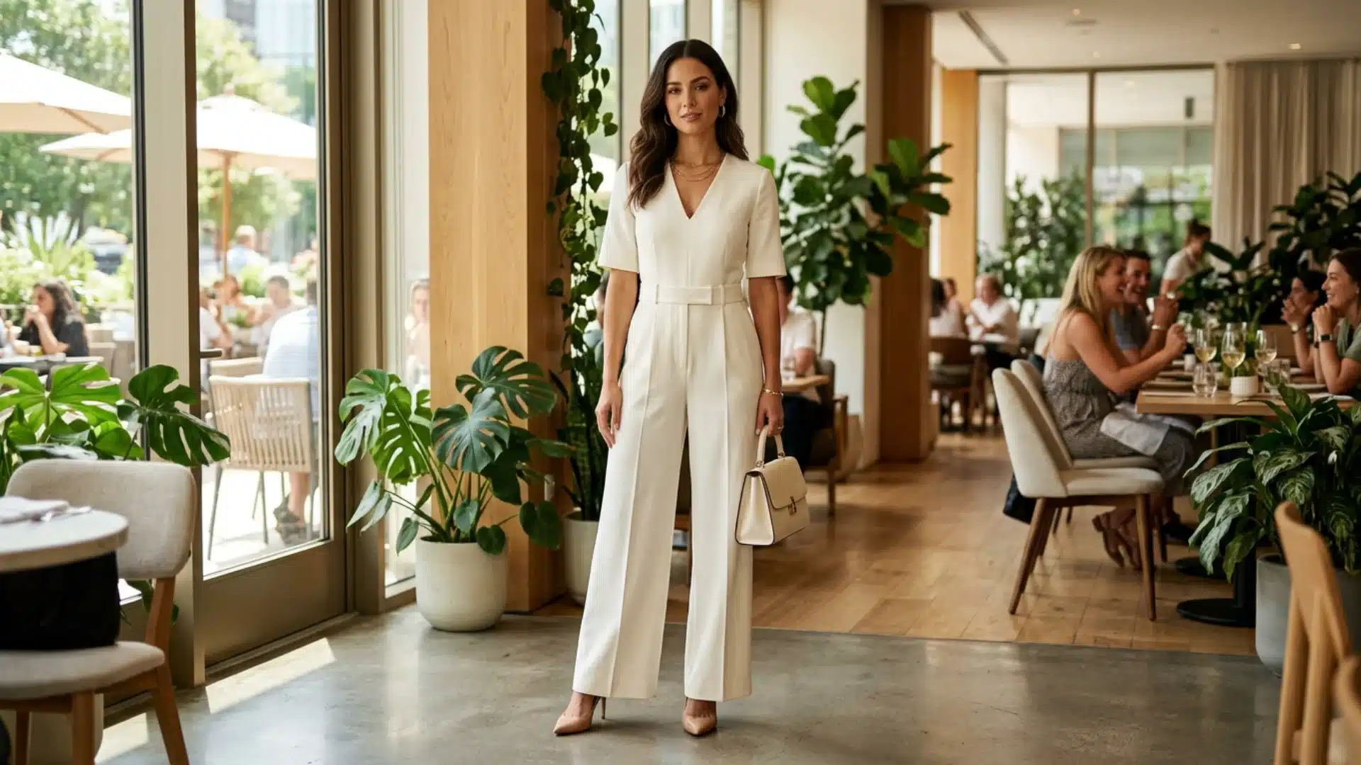 Woman in a white jumpsuit standing in a stylish restaurant