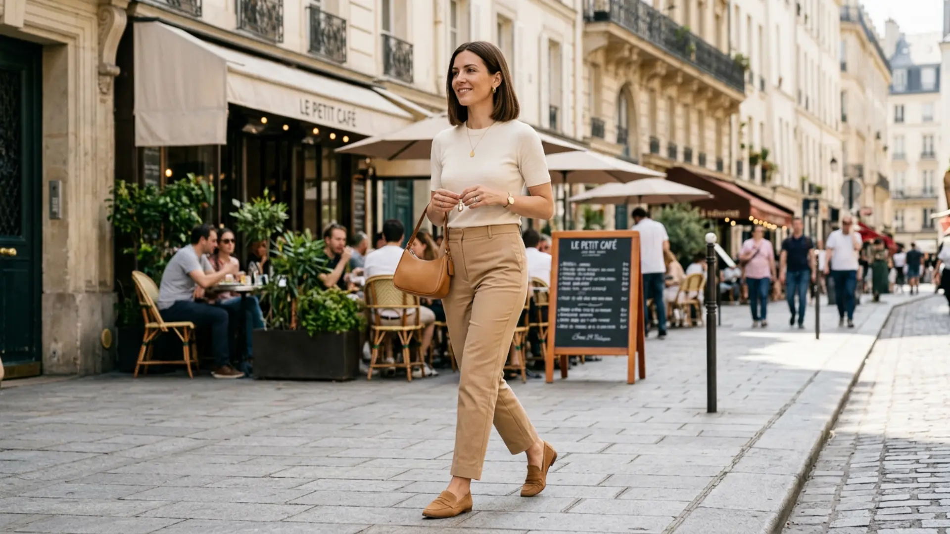 Woman in beige cigarette trousers, cream knit top, and suede loafers walking on a city street, brunch look
