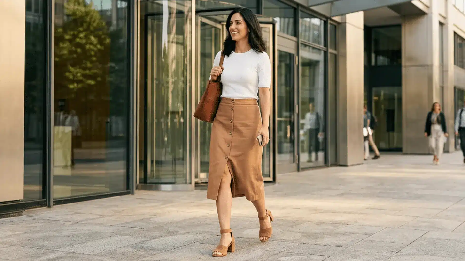 Woman in button-down camel midi skirt and white knit top, summer work outfit idea
