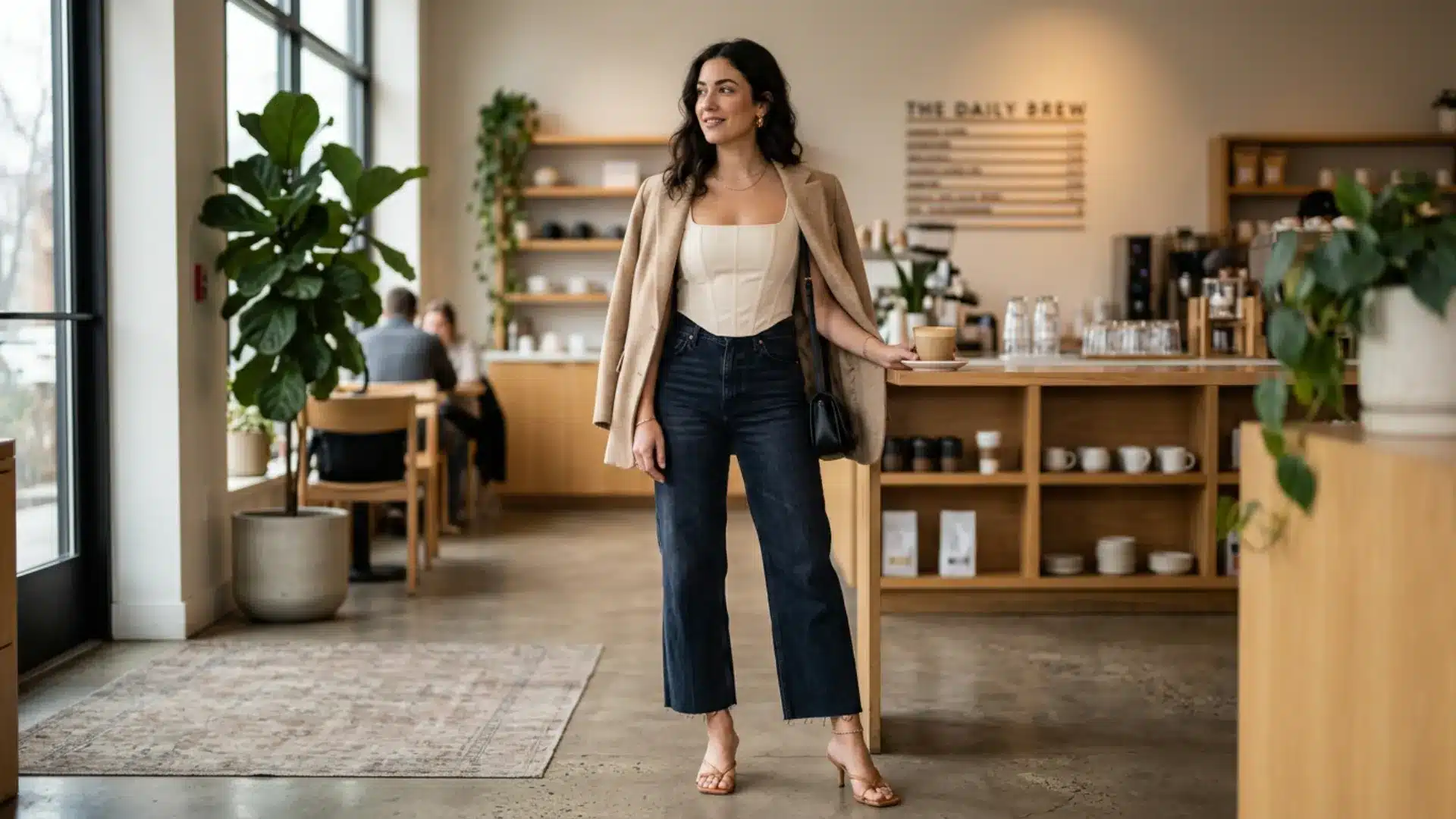Woman in dark-wash wide-leg jeans and cream bustier top with a blazer at a modern brunch cafe