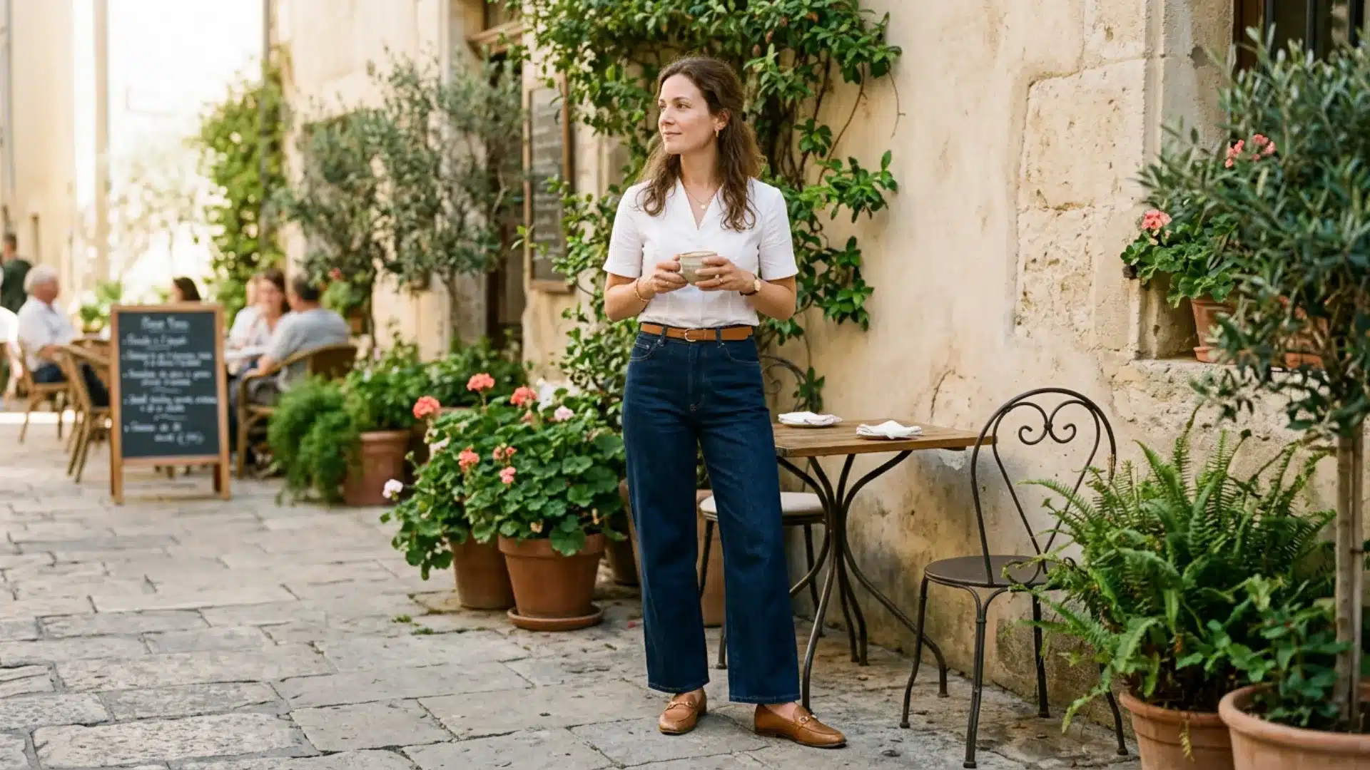 Woman in dark-wash wide-leg jeans and white structured blouse at a sunny outdoor cafe brunch