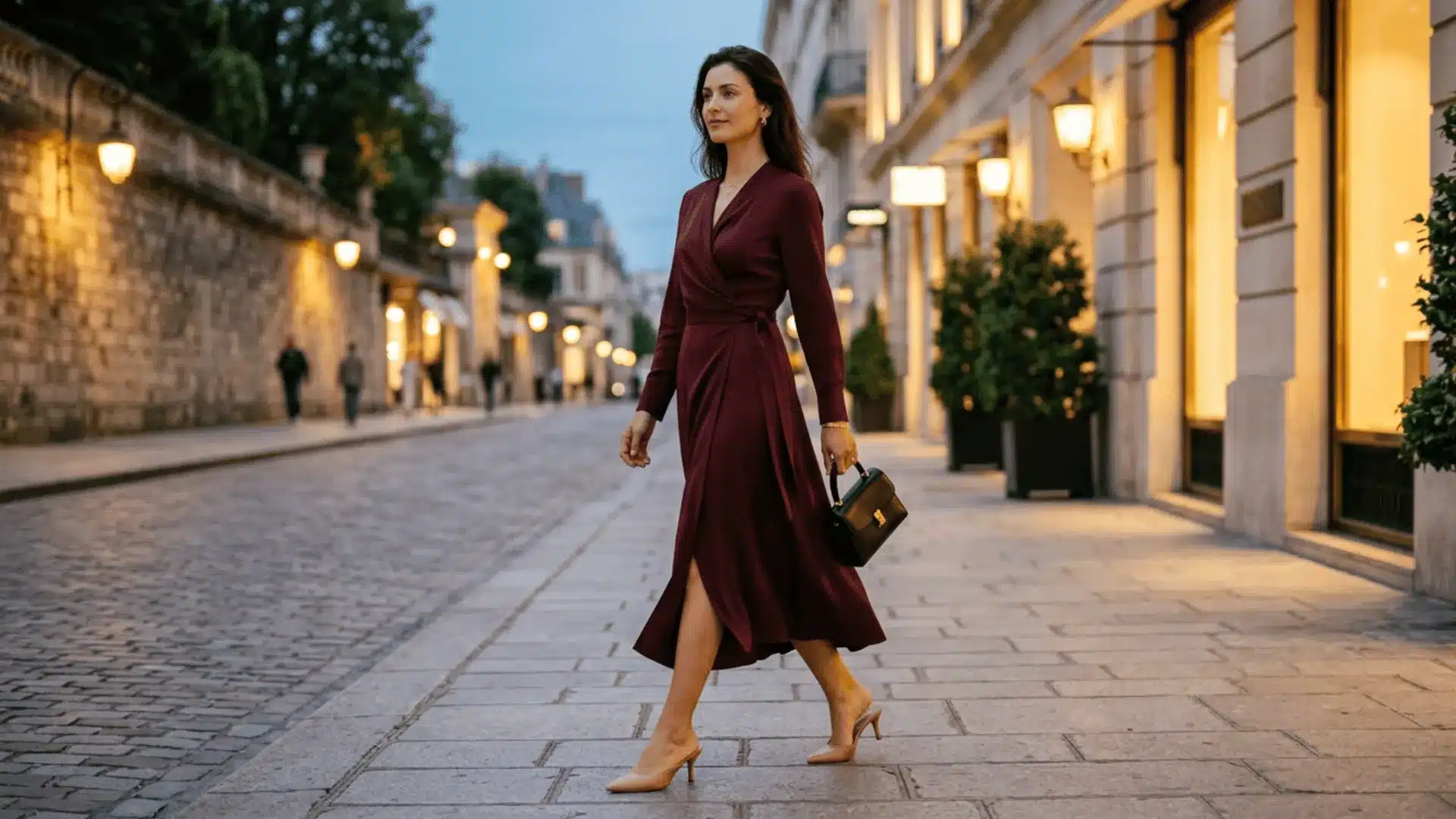Woman in deep burgundy wrap dress with heeled mules, summer date night outfit idea