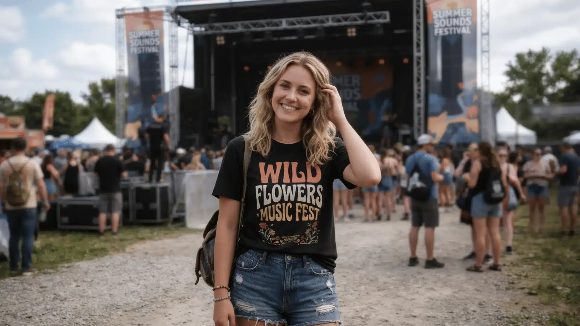 Woman in denim shorts and a graphic tee standing at an outdoor music festival on a summer day