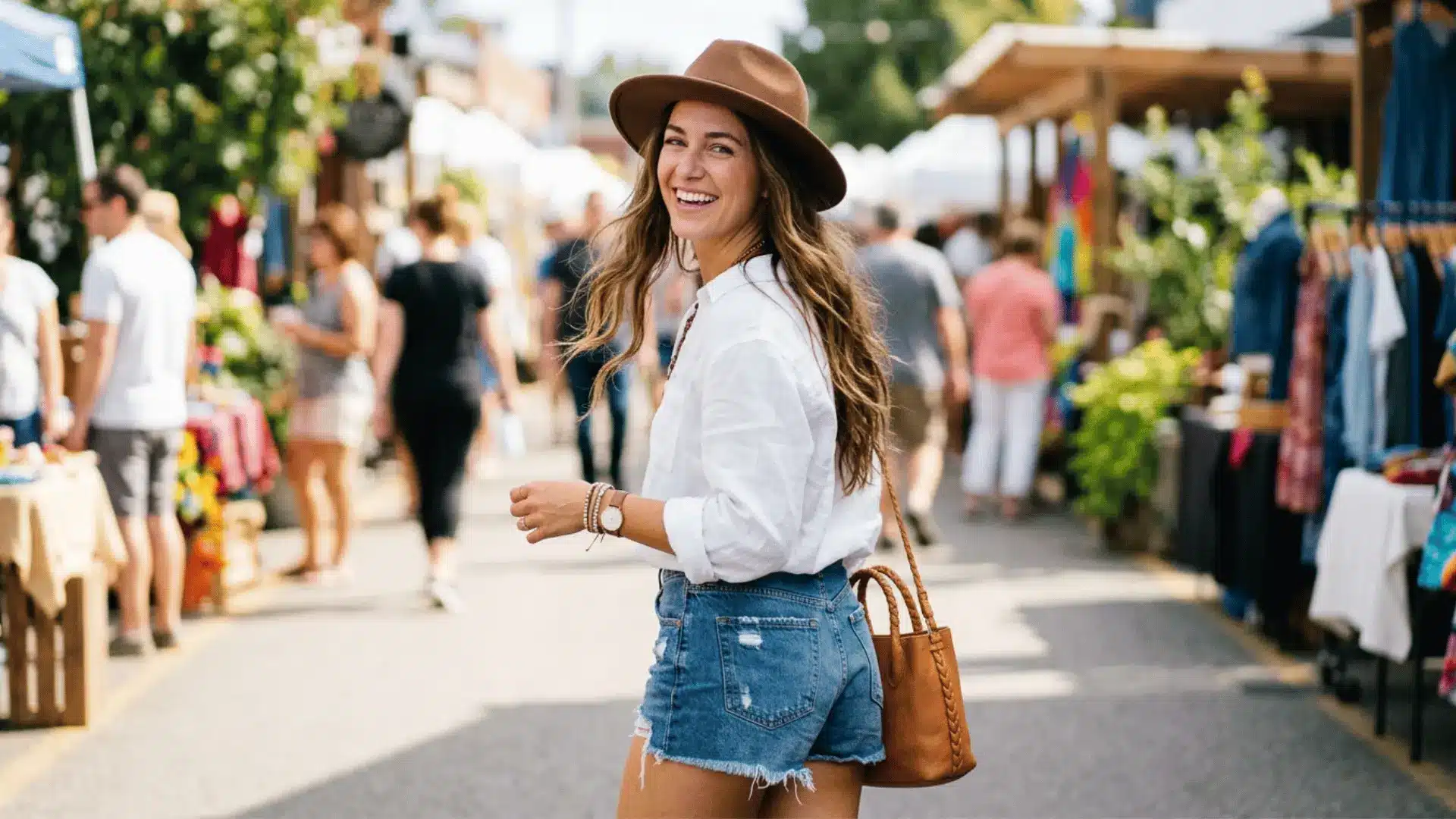 Woman in denim shorts, white shirt, and wide-brim hat walking through a busy outdoor summer market