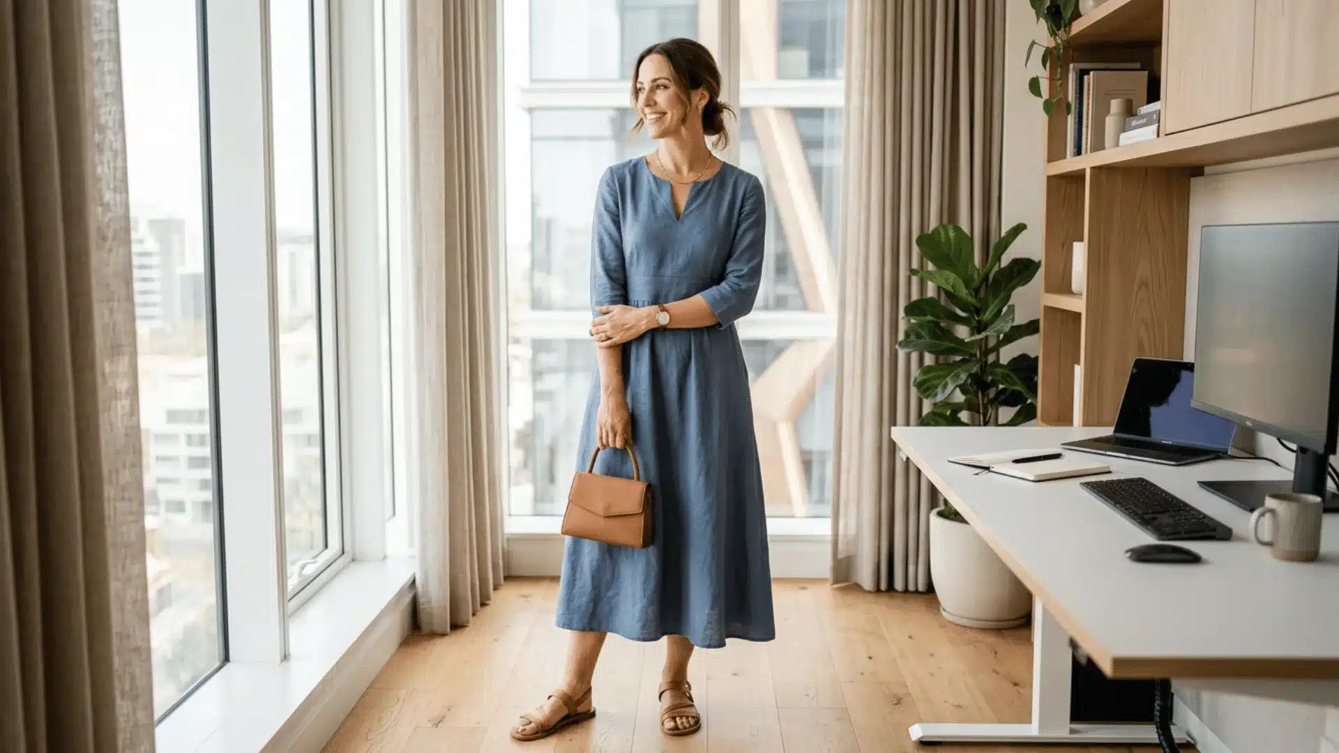 Woman in dusty blue linen midi dress with minimal accessories, summer work outfit