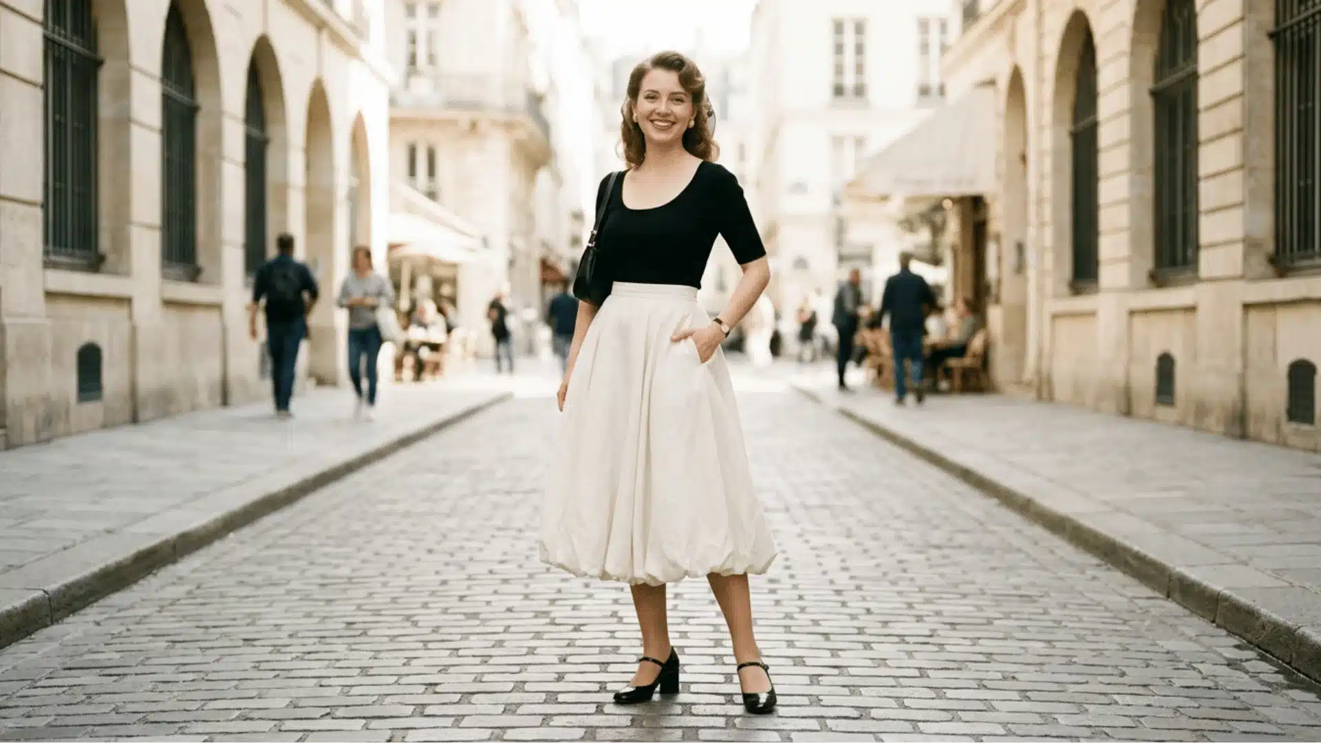 Woman in ivory circle skirt and fitted top with Mary Janes, summer casual outf