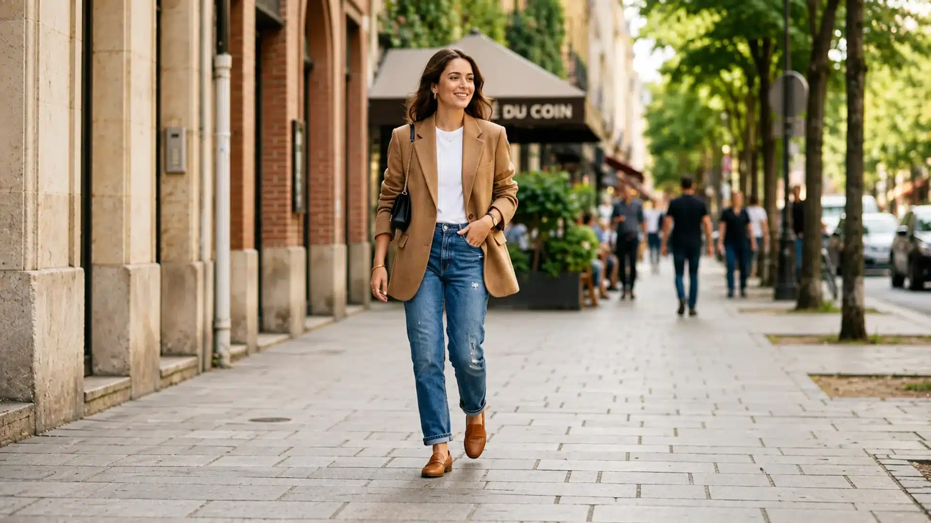 Woman in oversized blazer, white tee, and straight-leg jeans walking on a sunlit sidewalk, brunch outfit