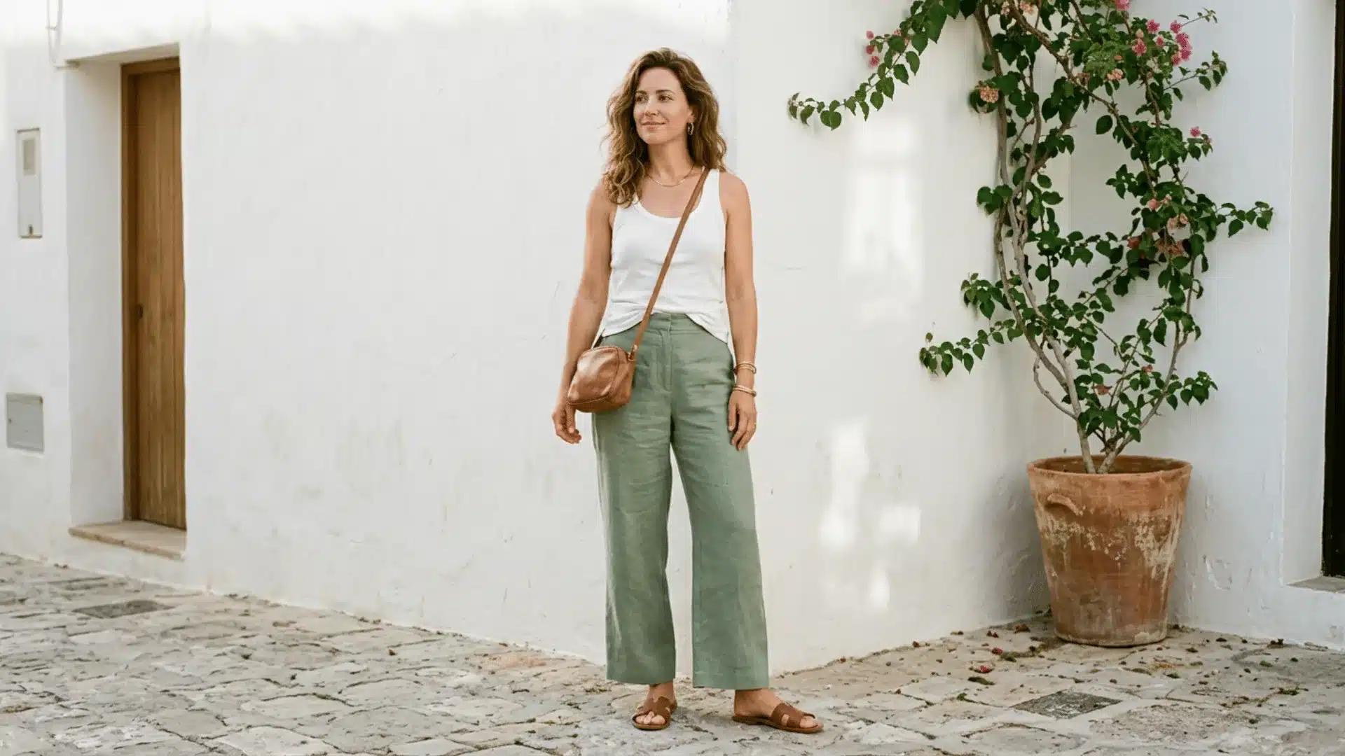 Woman in sage green linen wide-leg trousers and white ribbed tank, casual summer outfit idea