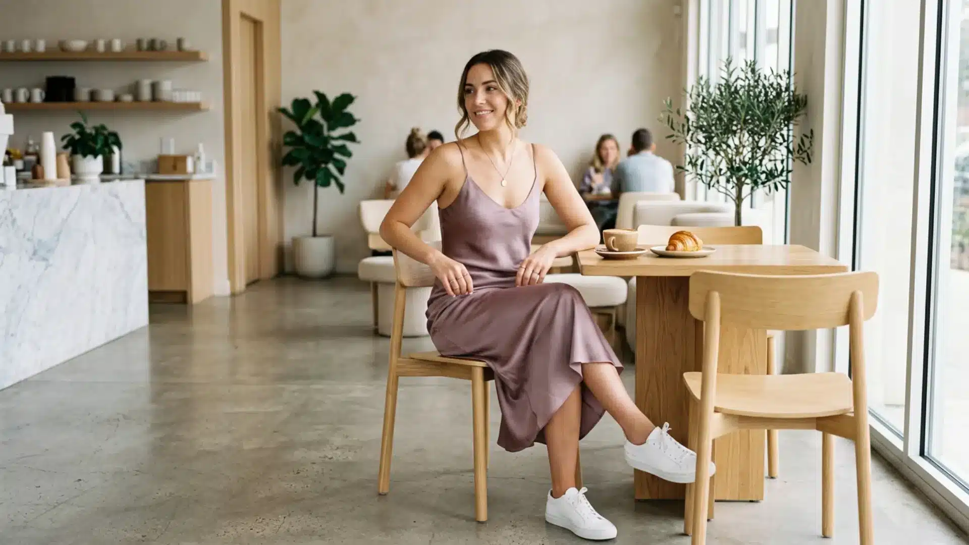 Woman in satin midi slip dress and white sneakers sitting at a cafe table, effortless brunch outfit idea