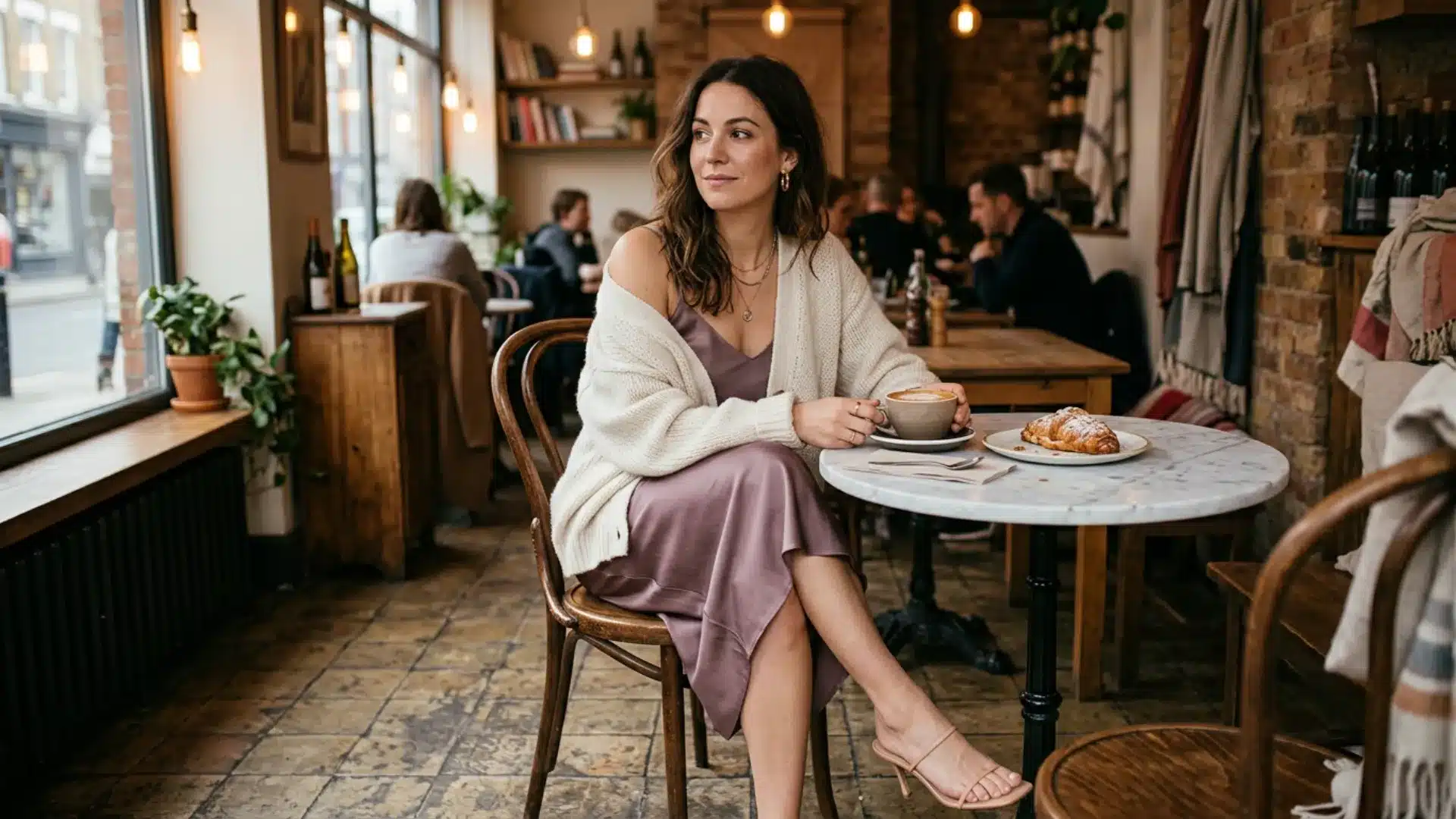 Woman in satin slip dress layered with an open cream knit cardigan seated at a marble cafe table