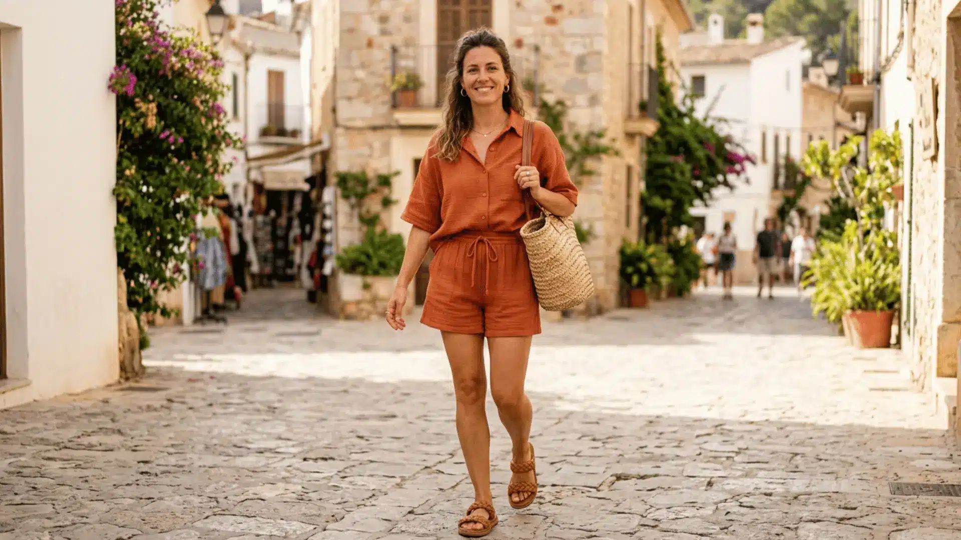 Woman in terracotta matching co-ord set with chunky sandals, summer casual outfit