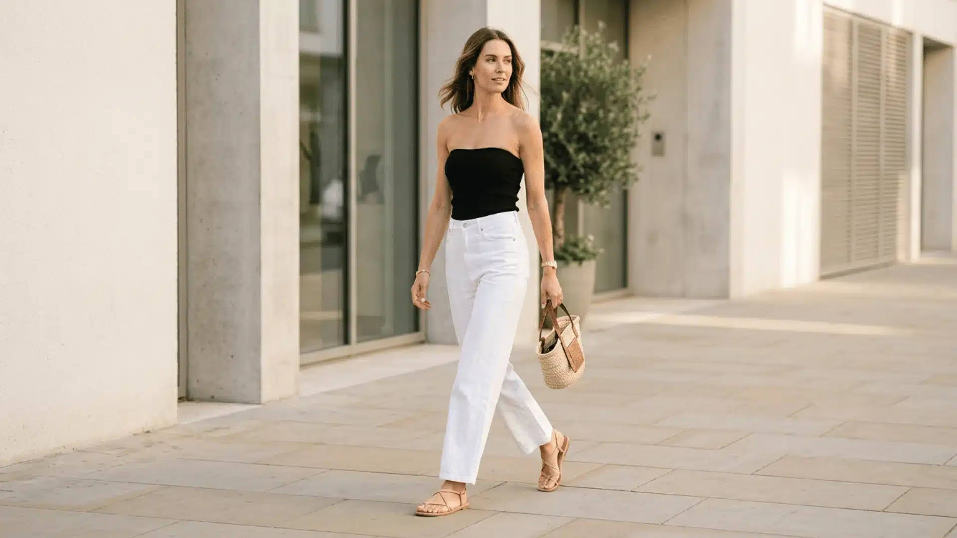 Woman in white wide-leg jeans and black tube top, simple summer outfit idea