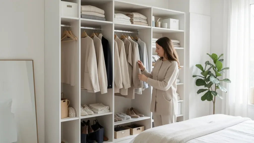 Woman organizing a bright minimalist wardrobe with neutral clothes, folded knits, shoes, and simple bedroom decor