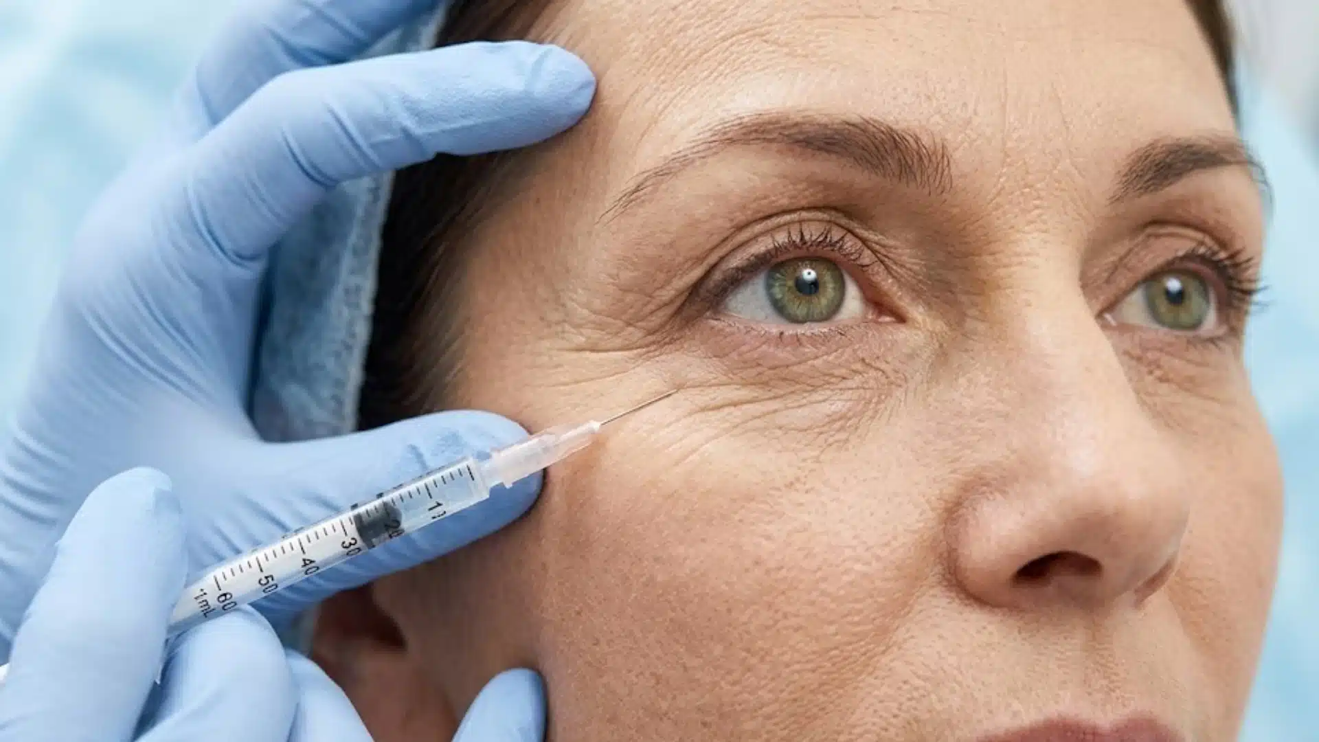 Woman receiving an injectable cosmetic treatment near crow's feet and under eye wrinkles at a skincare clinic