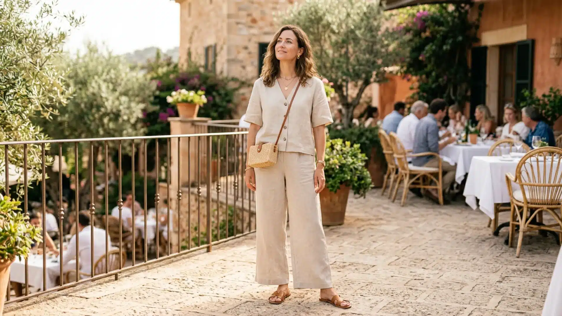 Woman wearing a matching oat linen co-ord set with gold chain and flat sandals at an outdoor brunch