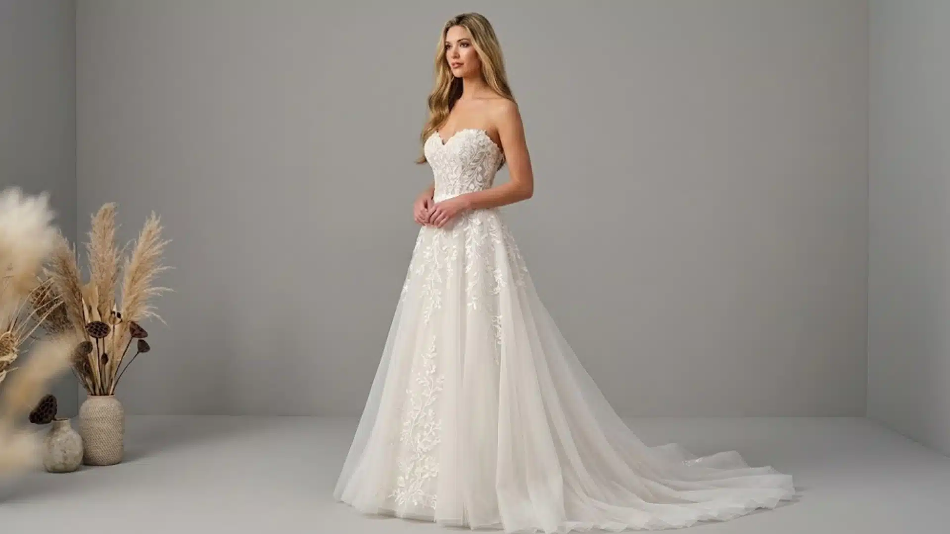 Woman wearing a strapless lace wedding dress with a flowing train in a minimalist bridal studio setting