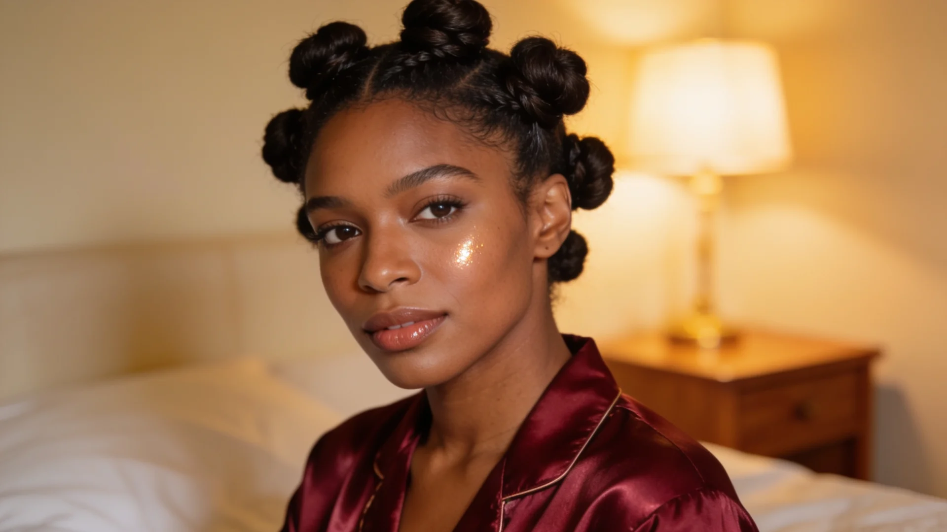 Woman wearing bantu knots as a protective bedtime hairstyle in a cozy bedroom.