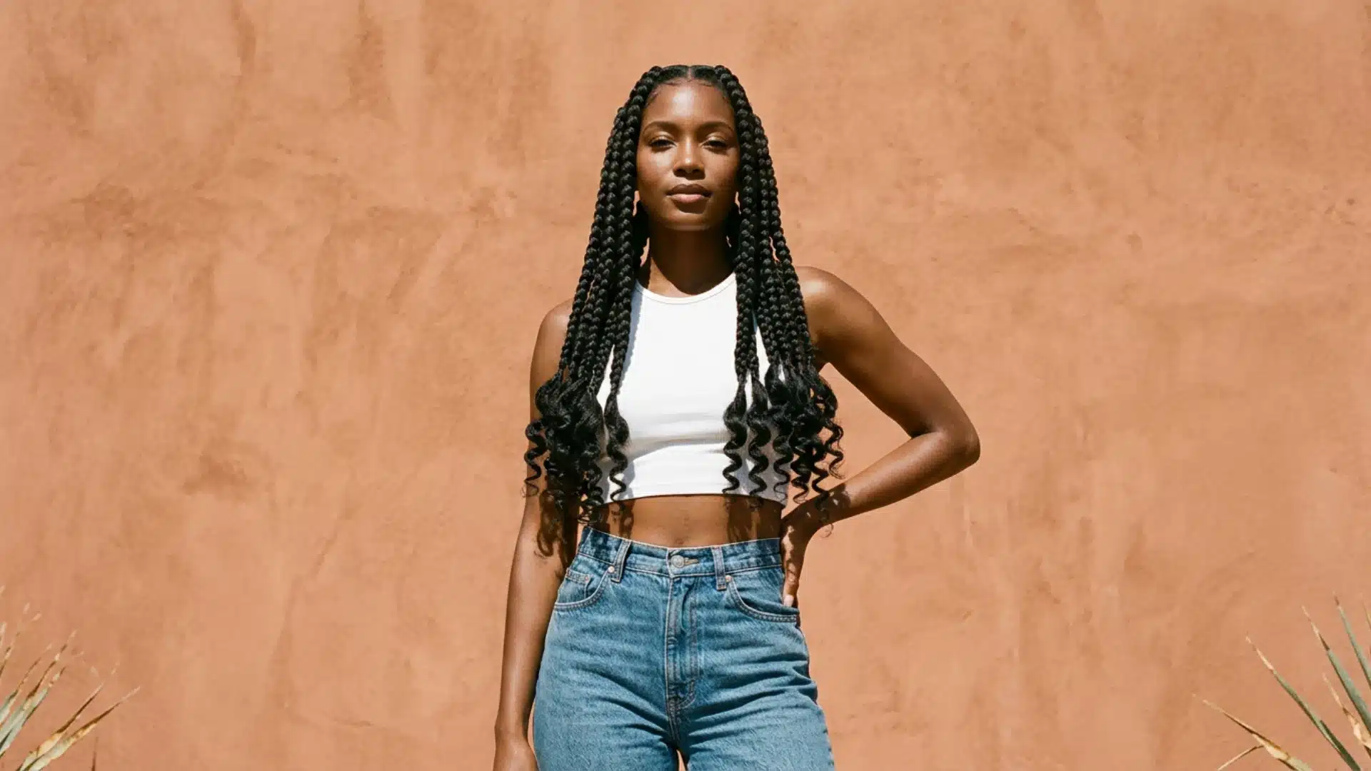 Woman wearing long jumbo braids with curly ends, a white crop top, and jeans against a terracotta wall