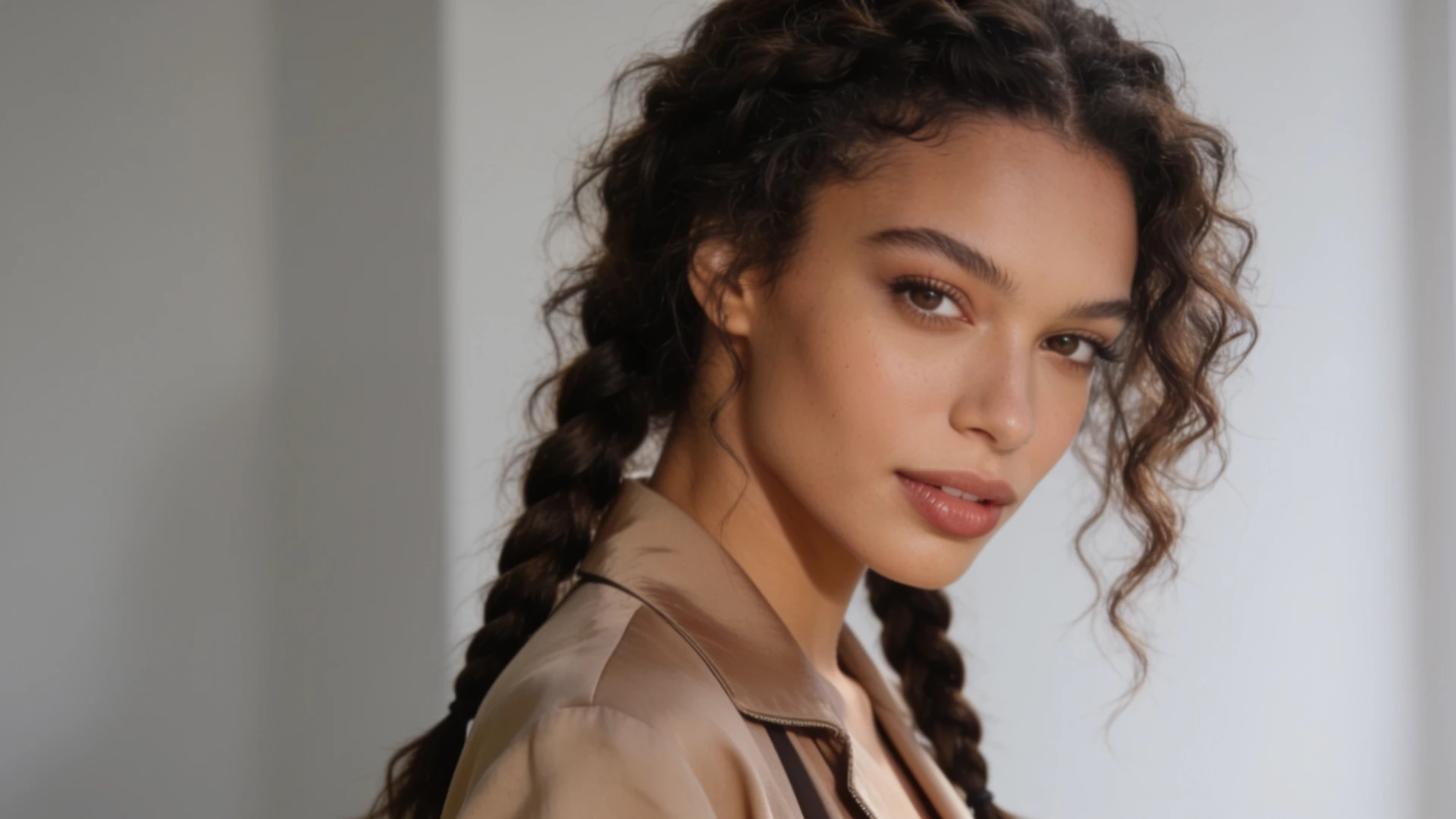 Woman wearing two loose bedtime braids.
