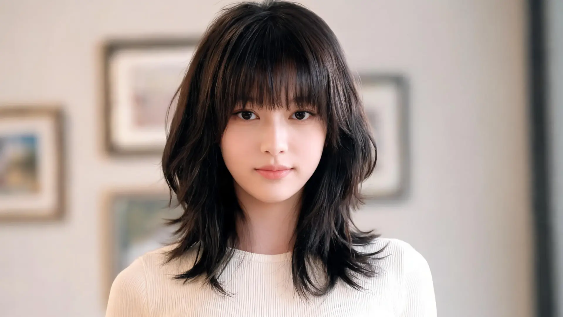 Woman with black layered wolf cut and soft bangs wearing a white top