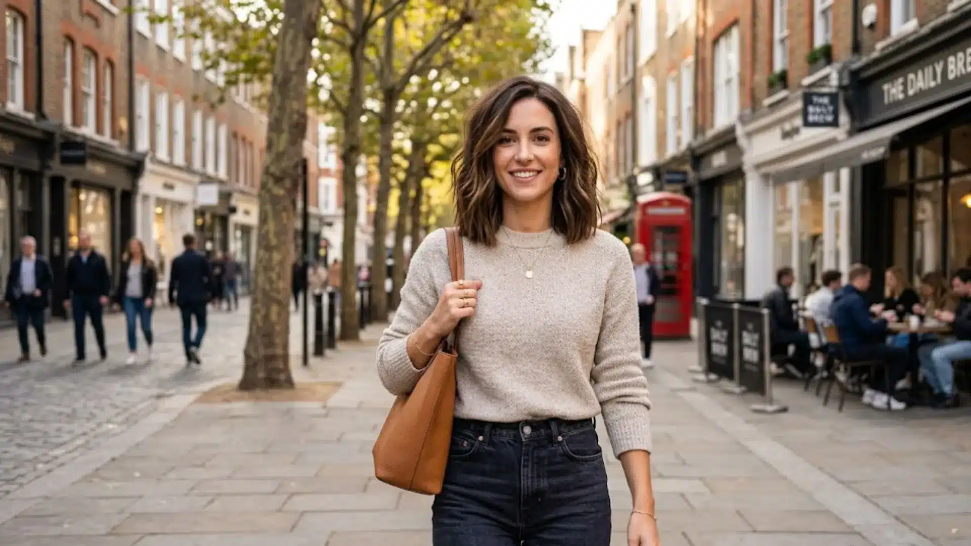 Woman with Blunt Lob with Texture haircut walking on a London street