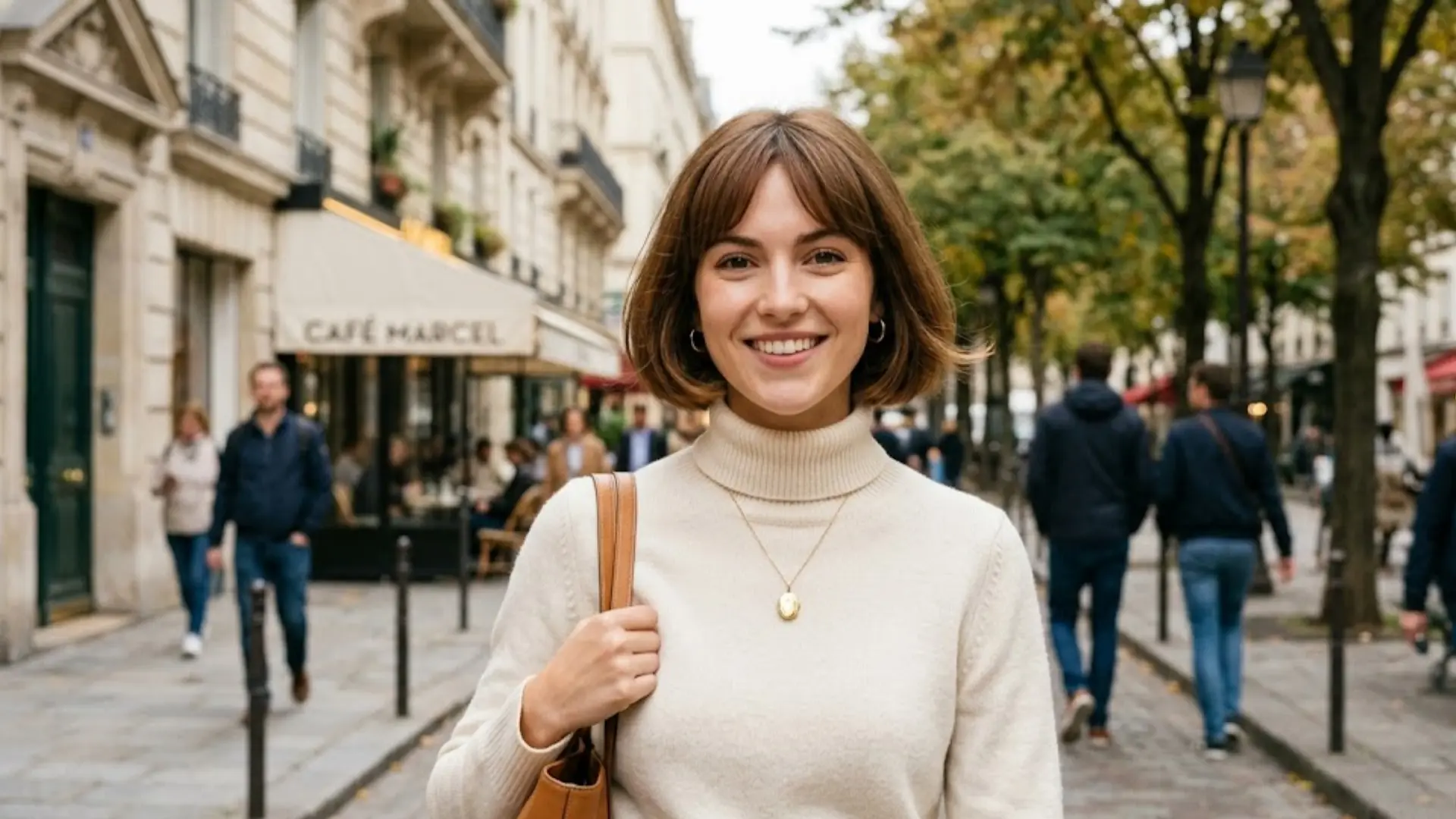 Woman with chin length round bob and curtain bangs walking on a cobblestone street