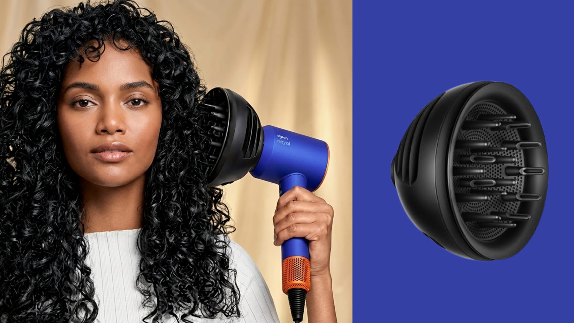 Woman with curly hair holds blue hair dryer; black diffuser attachment shown separately on blue