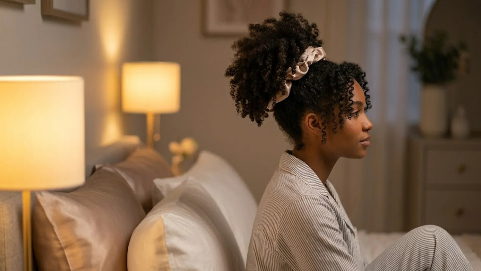 Woman with curly hair wearing a loose pineapple protective hairstyle