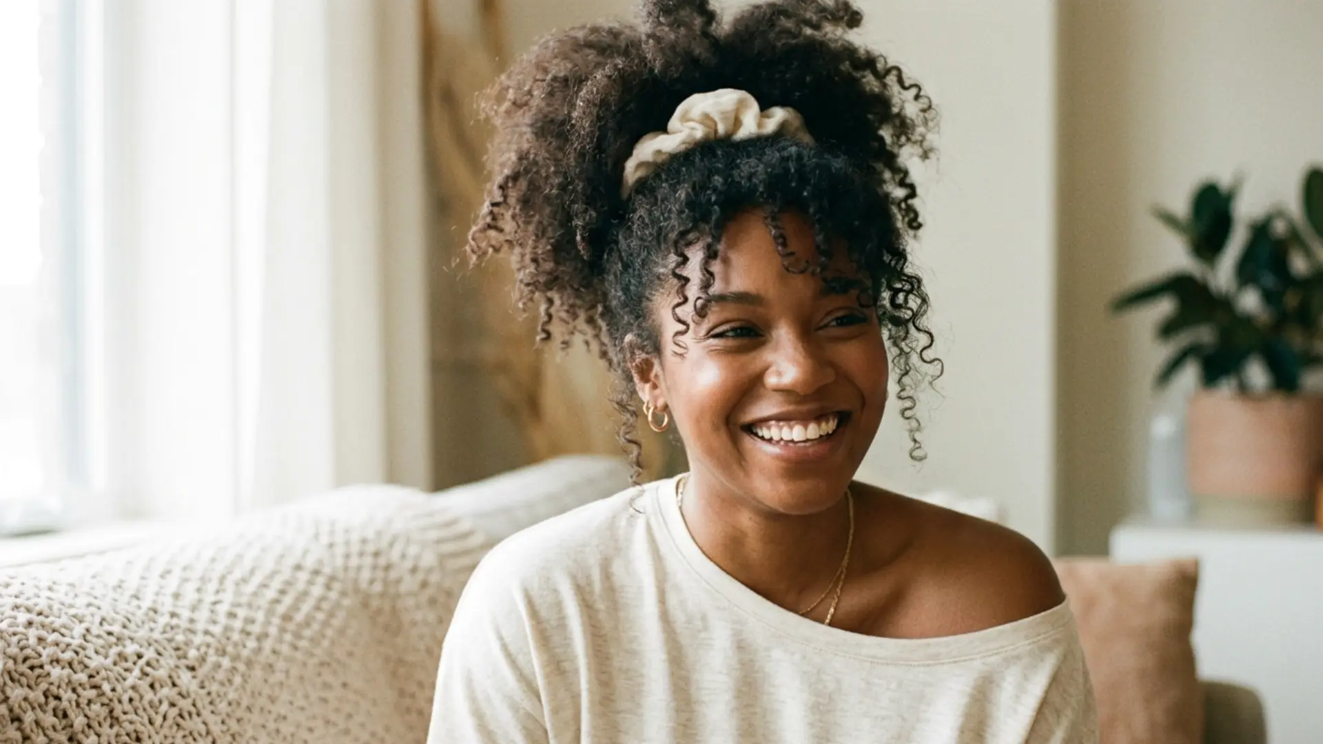 Woman with high loose puff protective hairstyle for sleeping