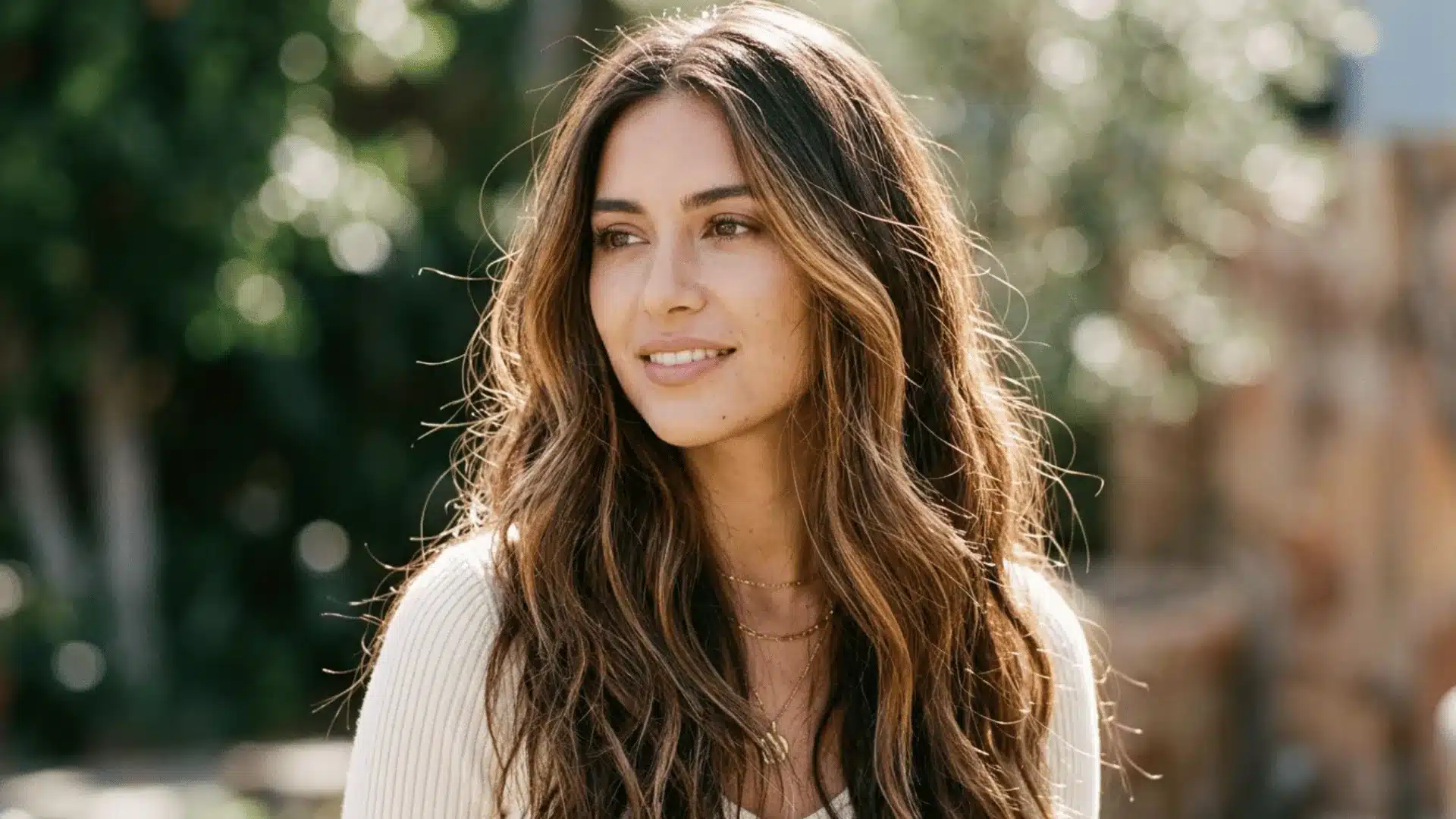 Woman with highlights on dark brown hair showing caramel and honey blonde tones in natural light