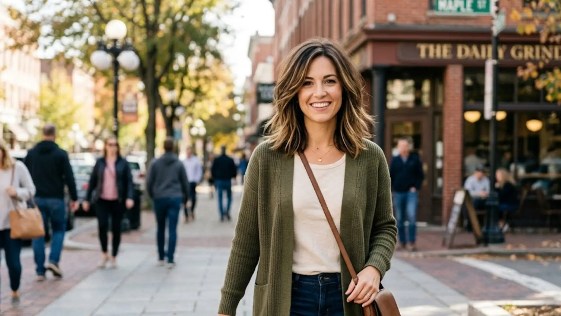 Woman with layered shoulder length lob haircut walking on a city street in green cardigan