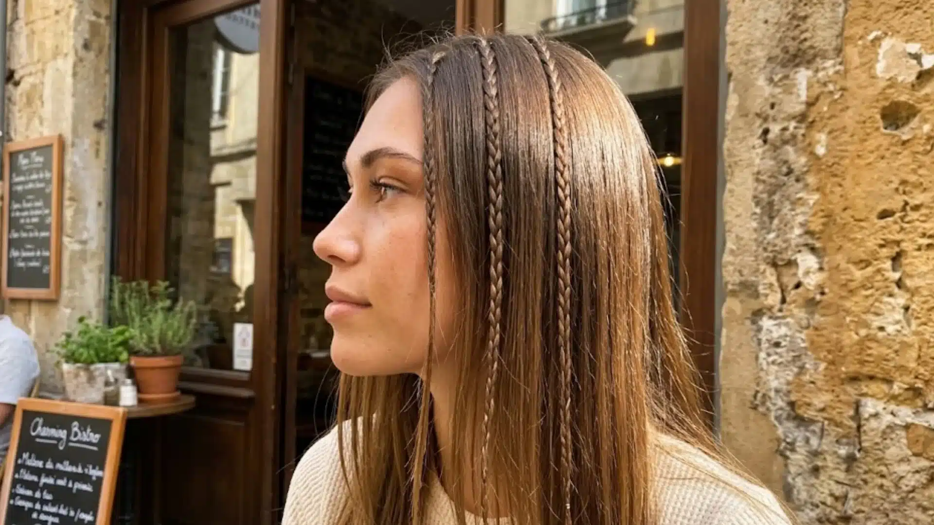 Woman with long straight hair and thin face-framing braids sitting outside a cafe in daylight